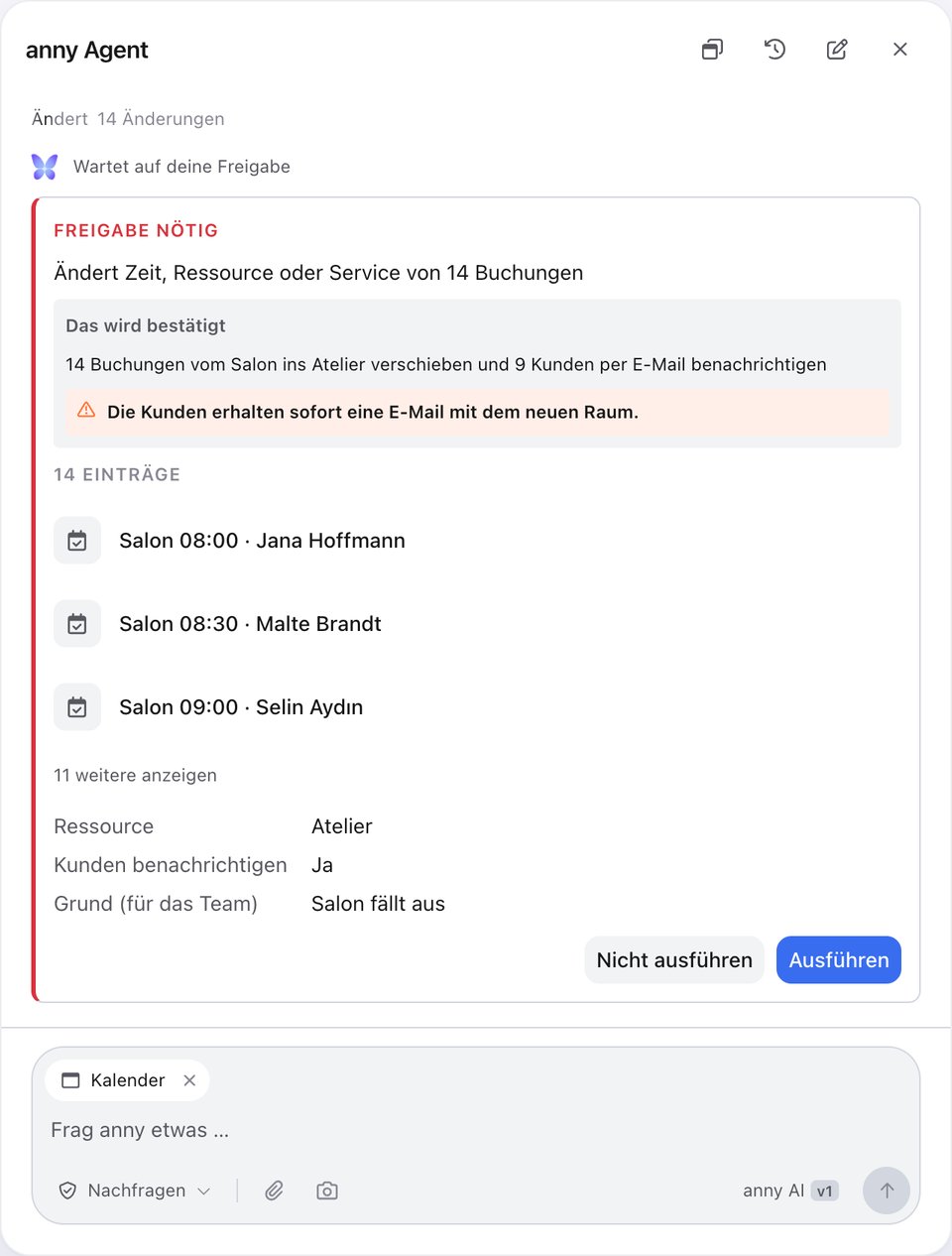Approval step in the anny Agent: move 14 bookings from the Salon to the Atelier and notify 9 customers by email, with buttons to decline or go ahead