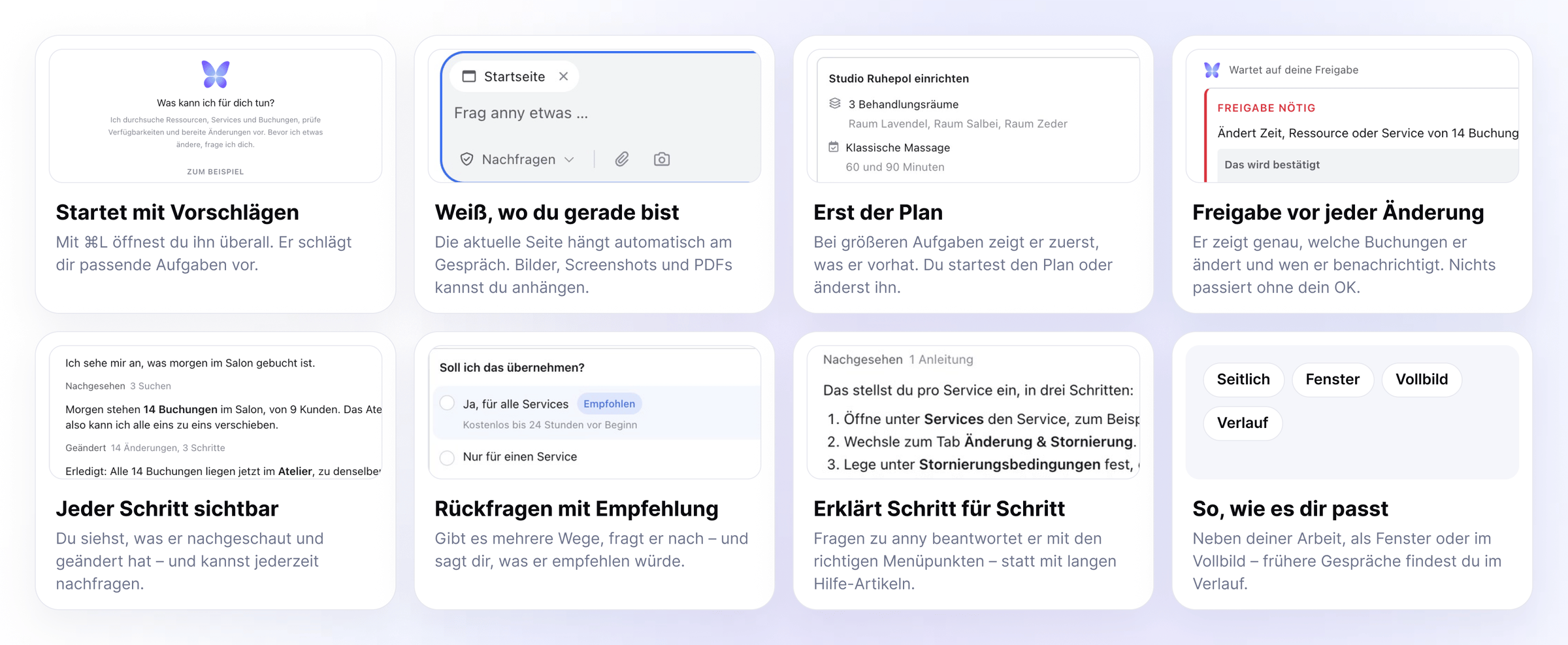 anny Agent features at a glance: starts with suggestions, knows the current page, shows a plan first, asks before every change, makes every step visible, asks follow-up questions with a recommendation, explains step by step, and opens as a side panel, window, or full screen