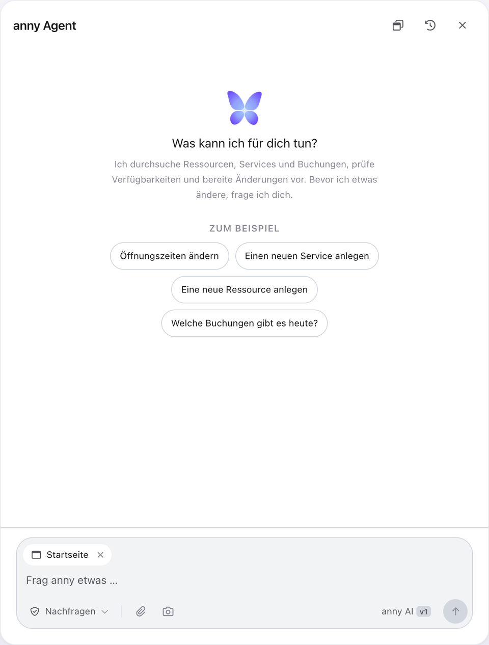 Empty conversation in the anny Agent with the question What can I do for you and suggestions such as changing opening hours or creating a new service
