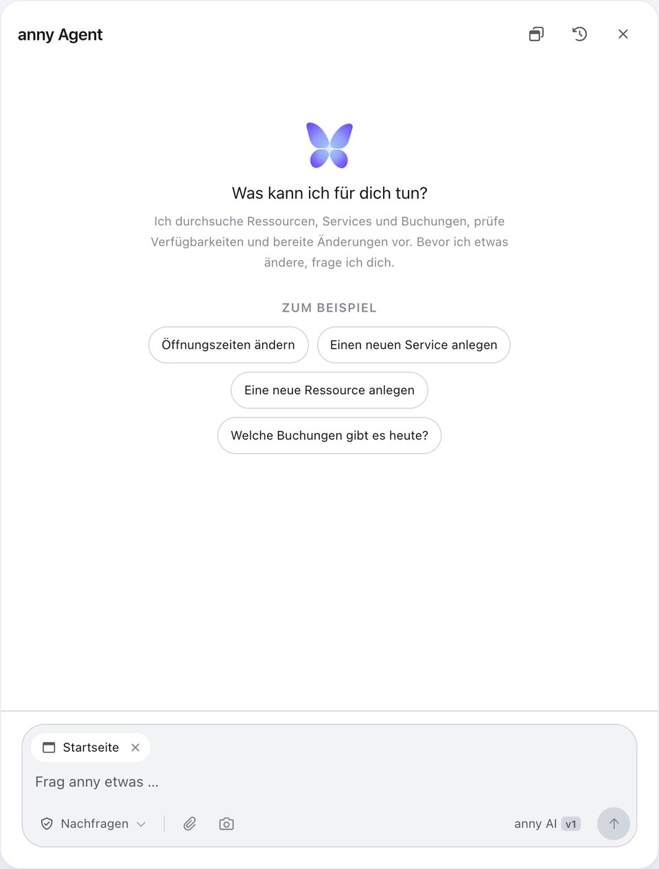 Empty conversation in the anny Agent with the question What can I do for you and suggestions such as changing opening hours or creating a new service