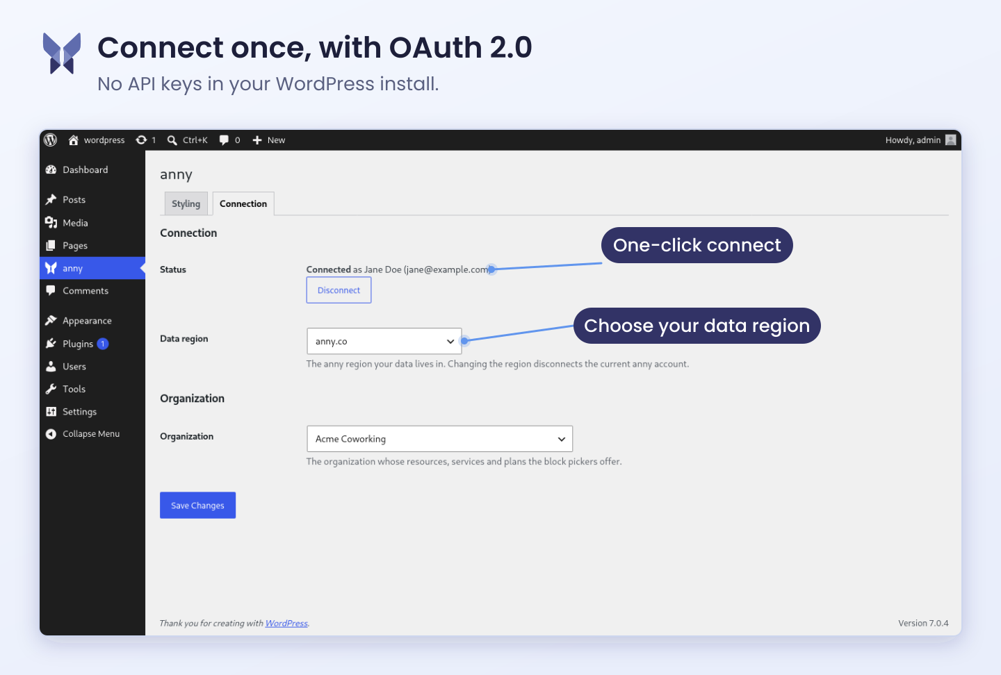Screenshot: Reiter Verbindung im anny Plugin mit verbundenem Konto, Datenregion und ausgewählter Organisation