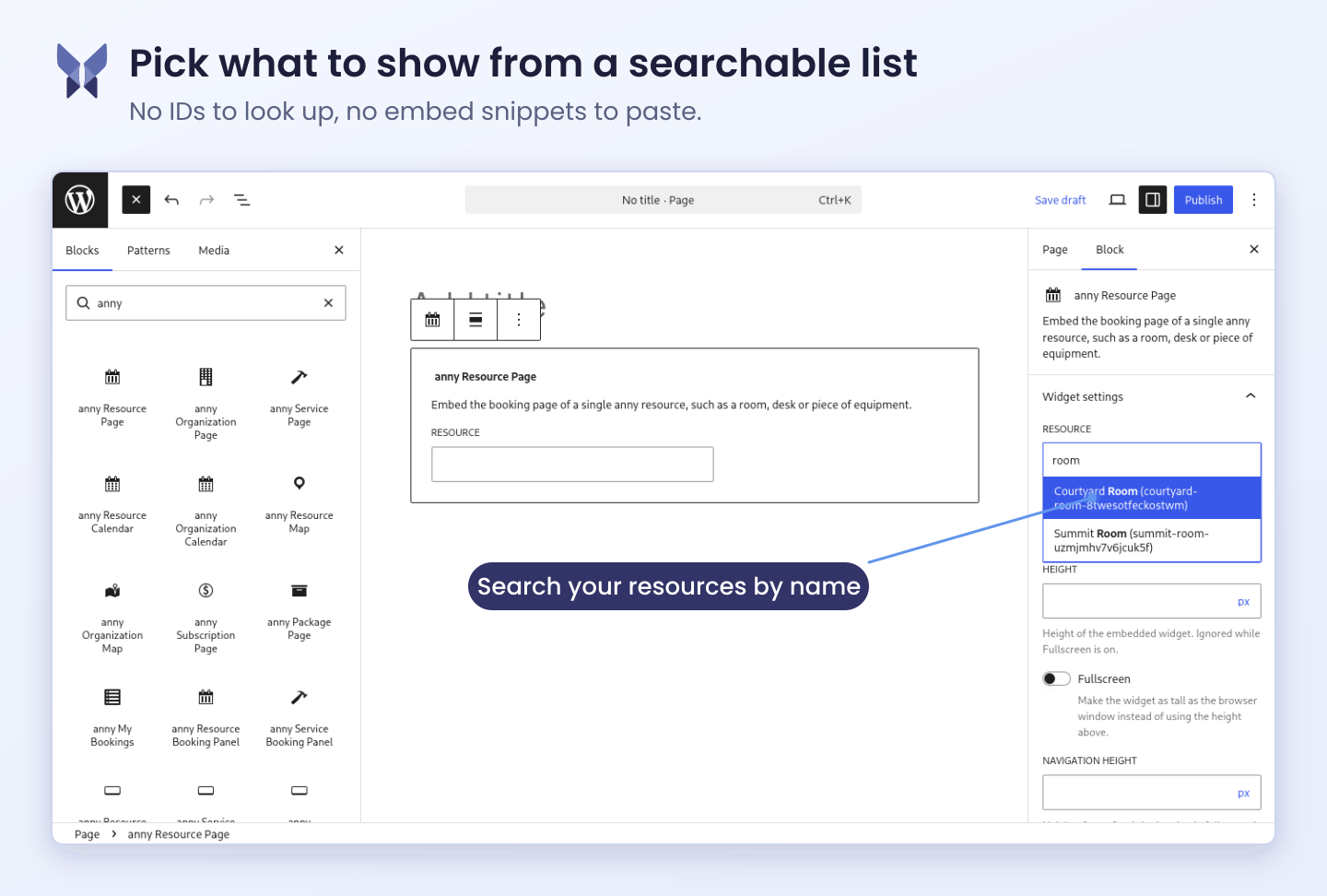 Screenshot: Ressource über die Suchliste in den Widget-Einstellungen auswählen