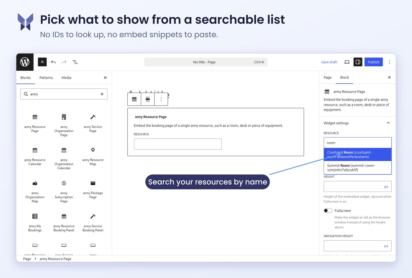 Screenshot: Ressource über die Suchliste in den Widget-Einstellungen auswählen