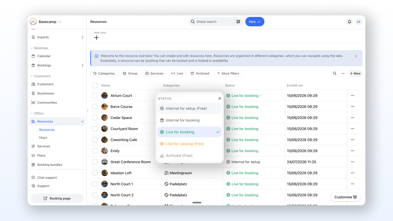Status dropdown of a resource with the five options