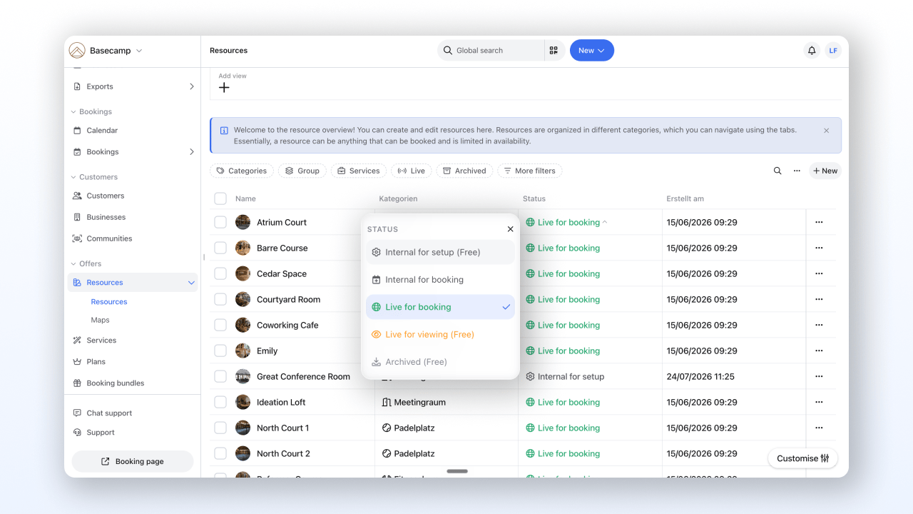 Status dropdown of a resource with the five options