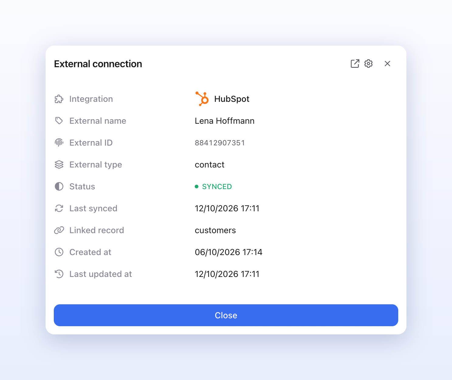 Detailansicht Externe Verbindung einer Kundin: Integration HubSpot, externer Name Lena Hoffmann, externe ID, Typ contact, Status synchronisiert und Zeitpunkt der letzten Synchronisierung