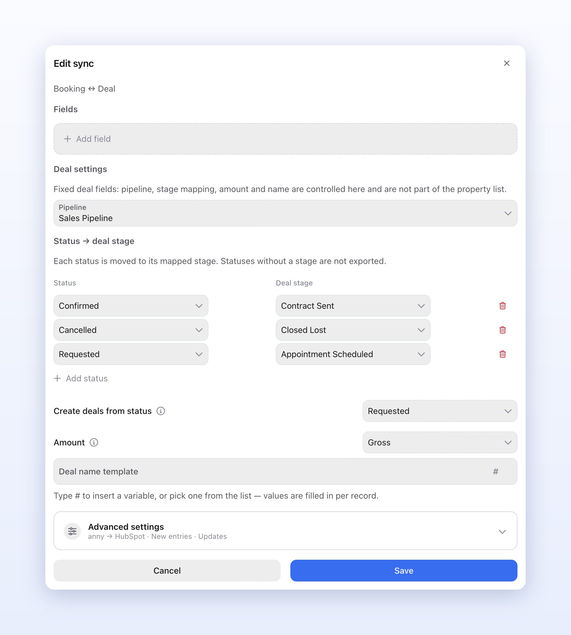 Dialog Sync bearbeiten für Buchung ↔ Deal: Pipeline Sales Pipeline, Zuordnung von Bestätigt, Storniert und Angefragt zu Deal-Phasen, darunter Deals erstellen ab Status, Betrag und Vorlage für Deal-Namen