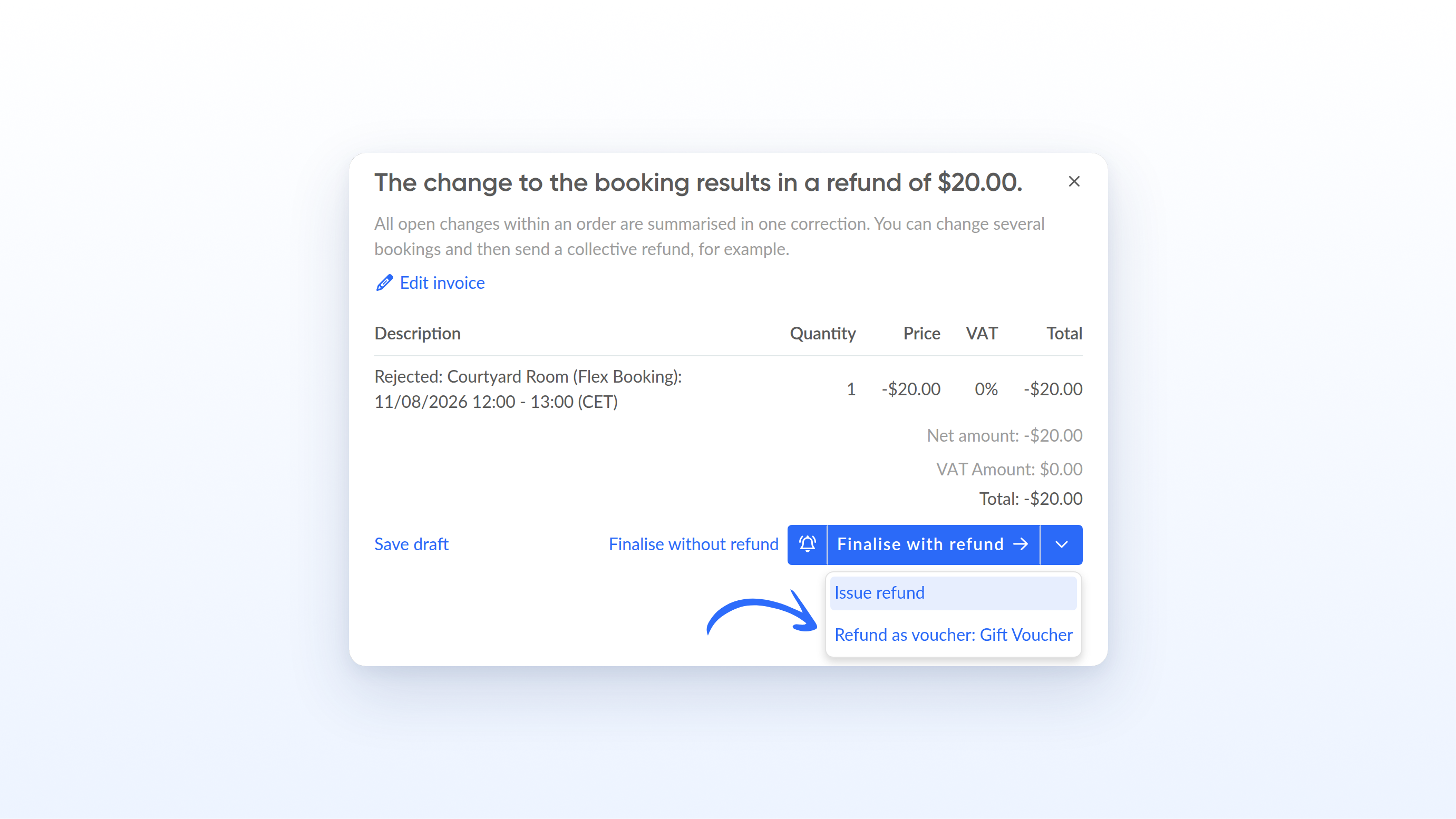Korrektur-Dialog nach Storno: geöffnetes Dropdown am Button Fertigstellen mit Rückerstattung, mit den Optionen Rückerstattung senden und Rückerstattung als Gutschein