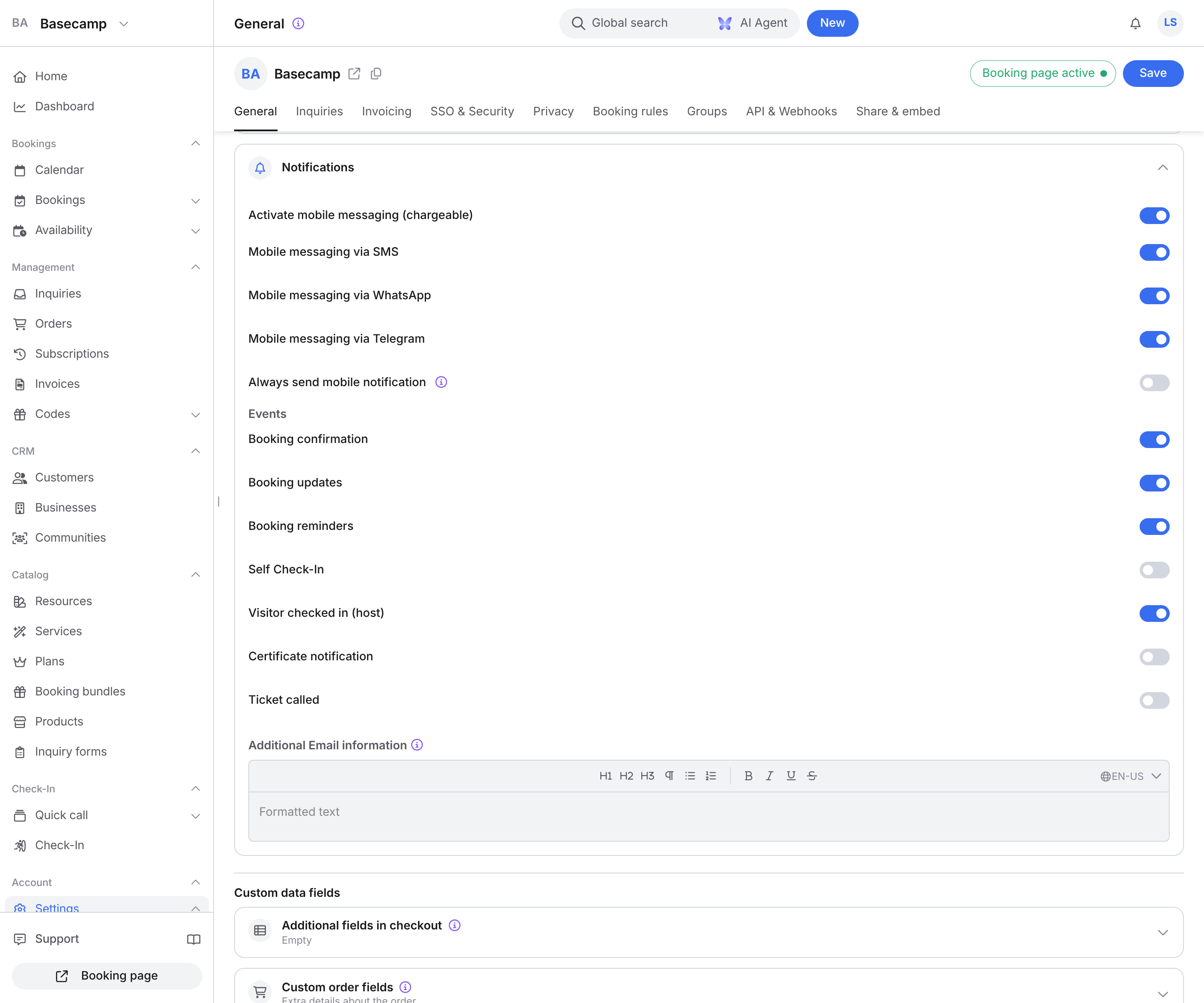 Account settings, General tab: Account sidebar with Settings selected, Notifications group with mobile messaging on, channels, and events
