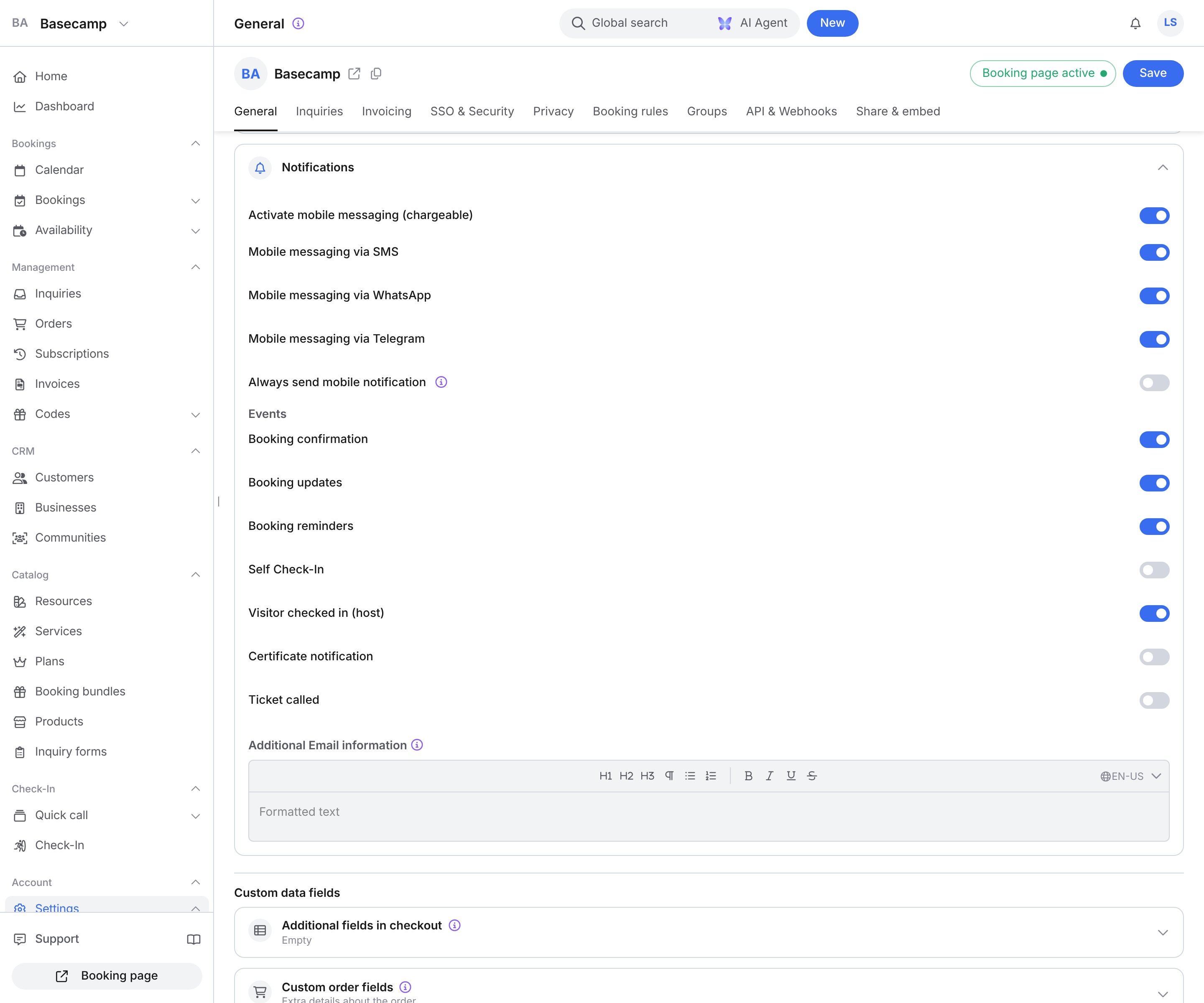 Account settings, General tab: Account sidebar with Settings selected, Notifications group with mobile messaging on, channels, and events