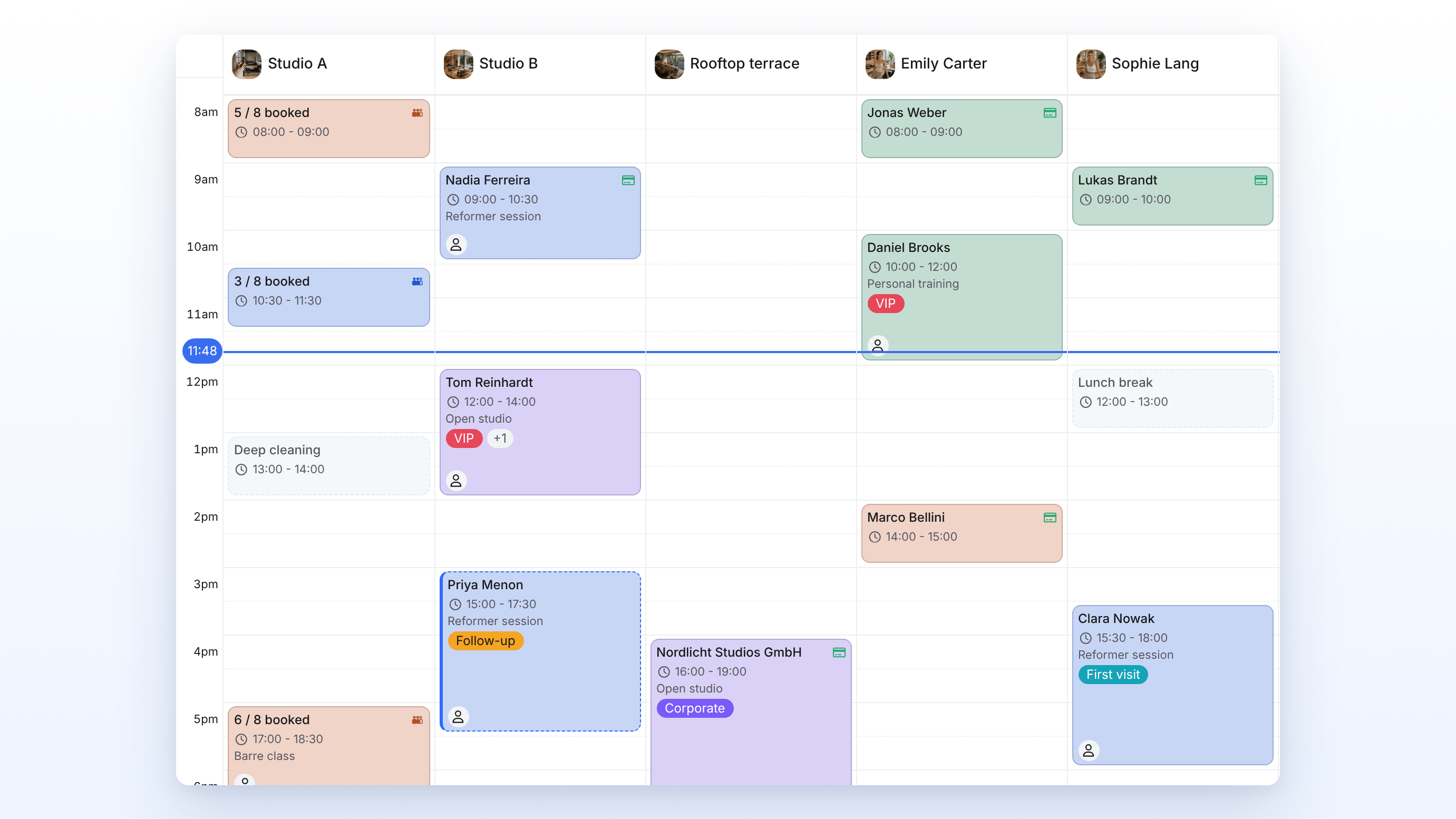 Calendar day view with booking cards showing the tags VIP, Follow-up, Corporate and First visit