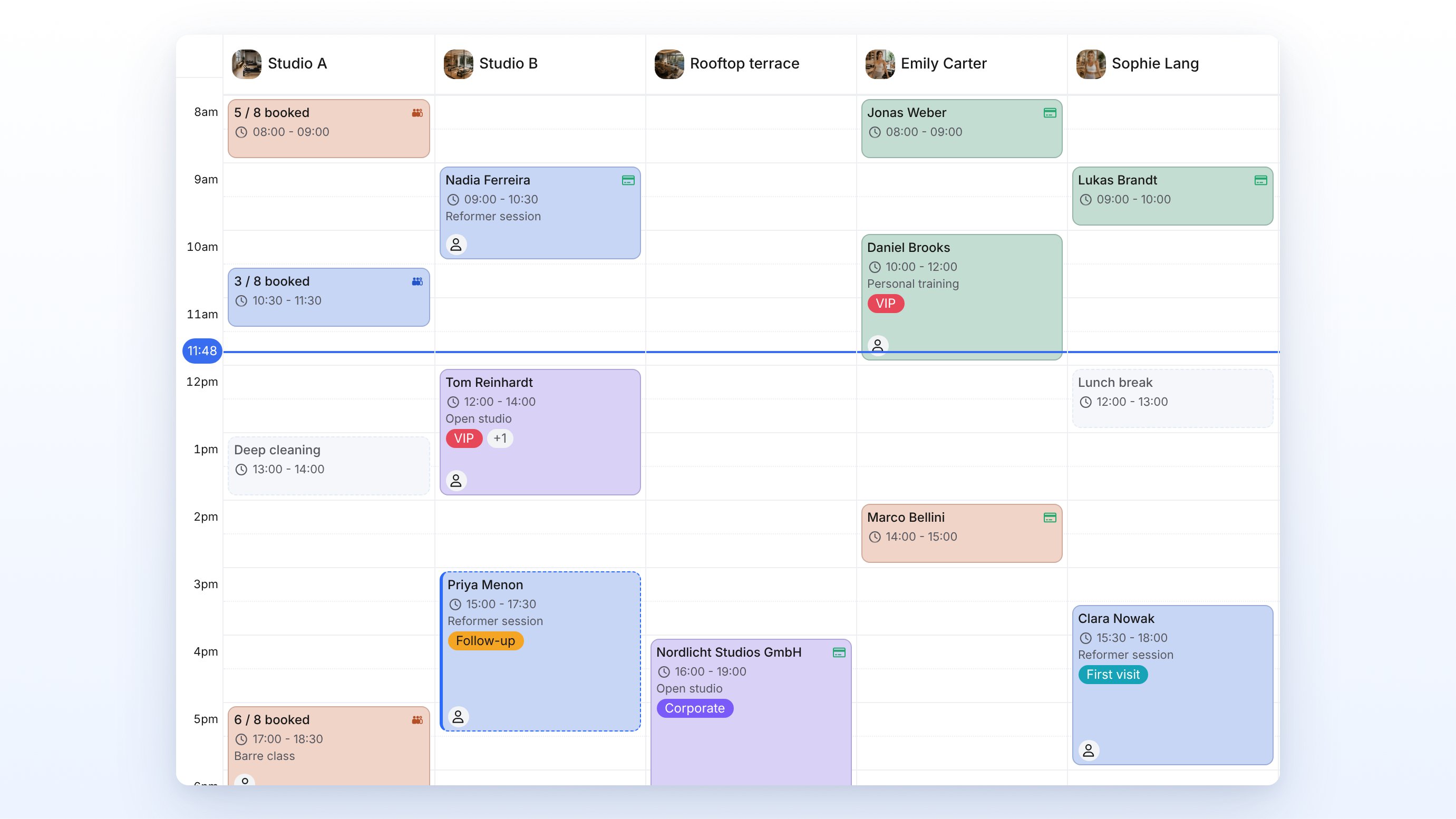 Calendar day view with booking cards showing the tags VIP, Follow-up, Corporate and First visit