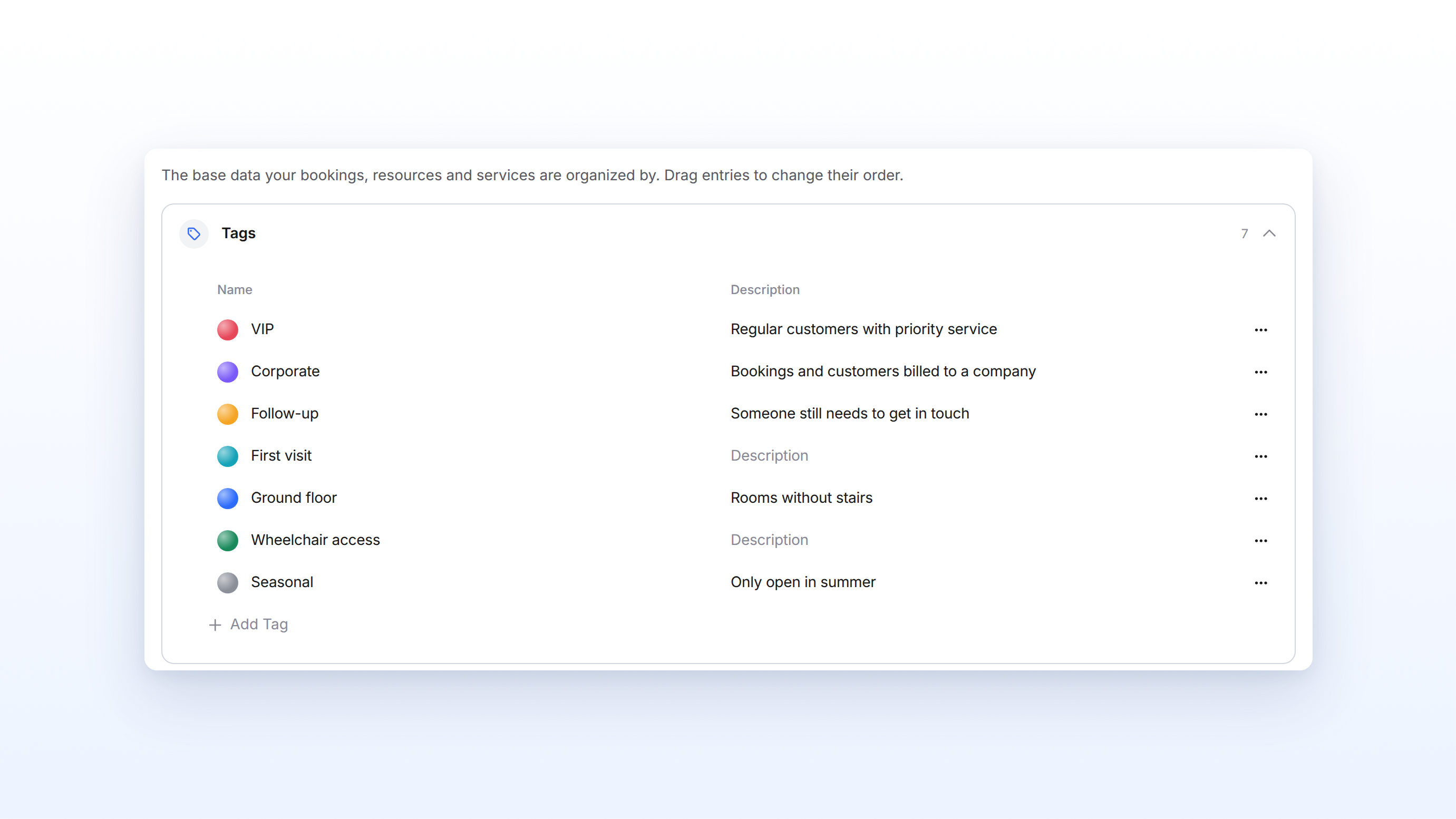 Settings, Groups tab, with the Tags group: seven colored tags with name and description and Add Tag below