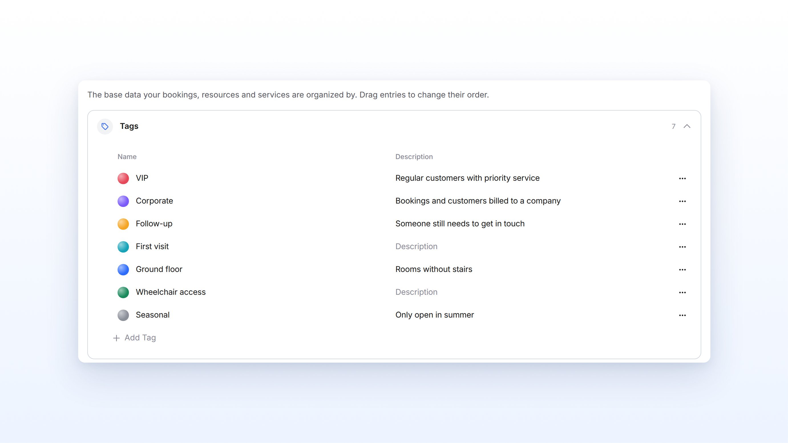 Settings, Groups tab, with the Tags group: seven colored tags with name and description and Add Tag below