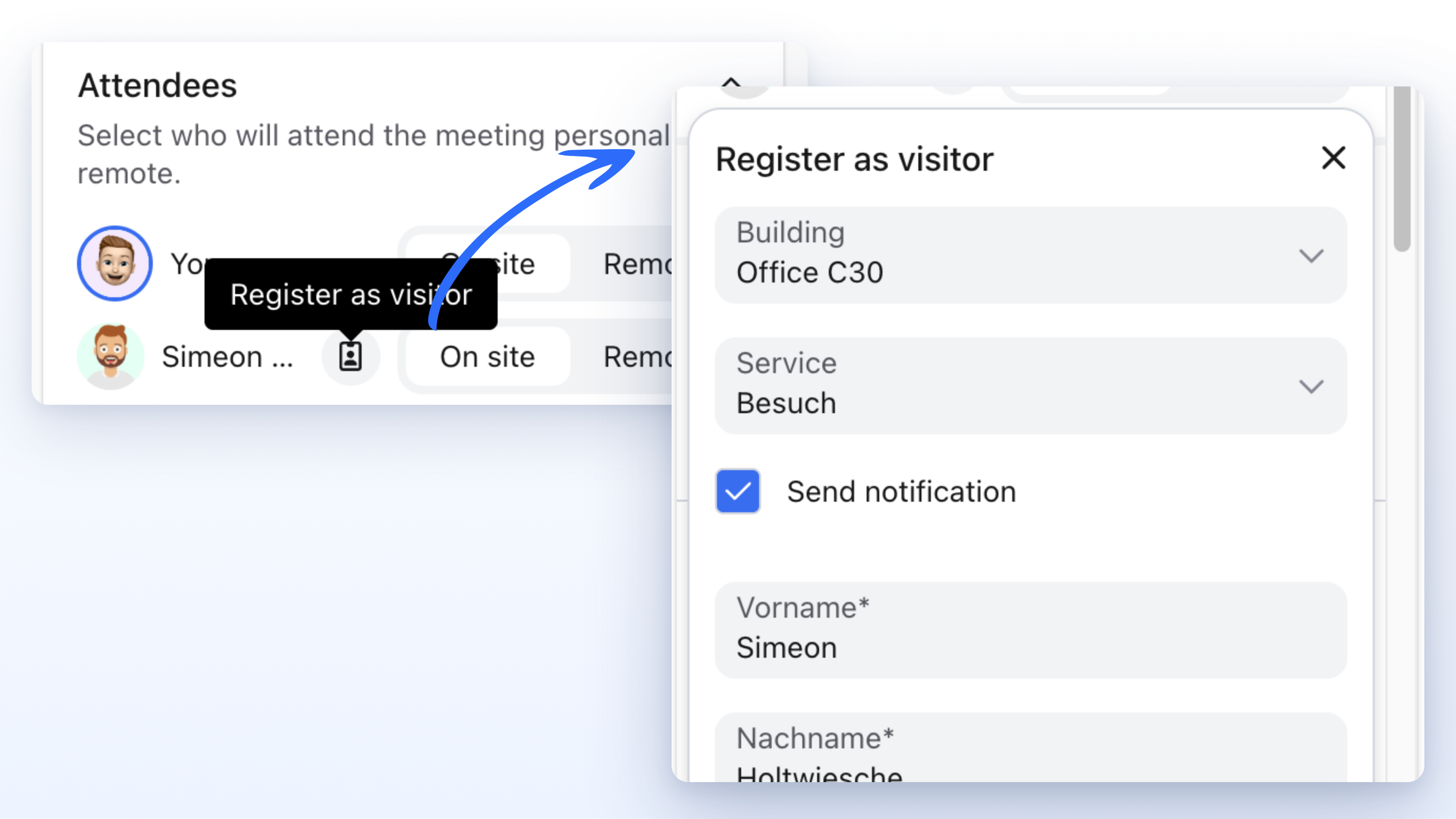 Outlook add-in attendee list. The icon next to a guest opens the Register as visitor overlay.