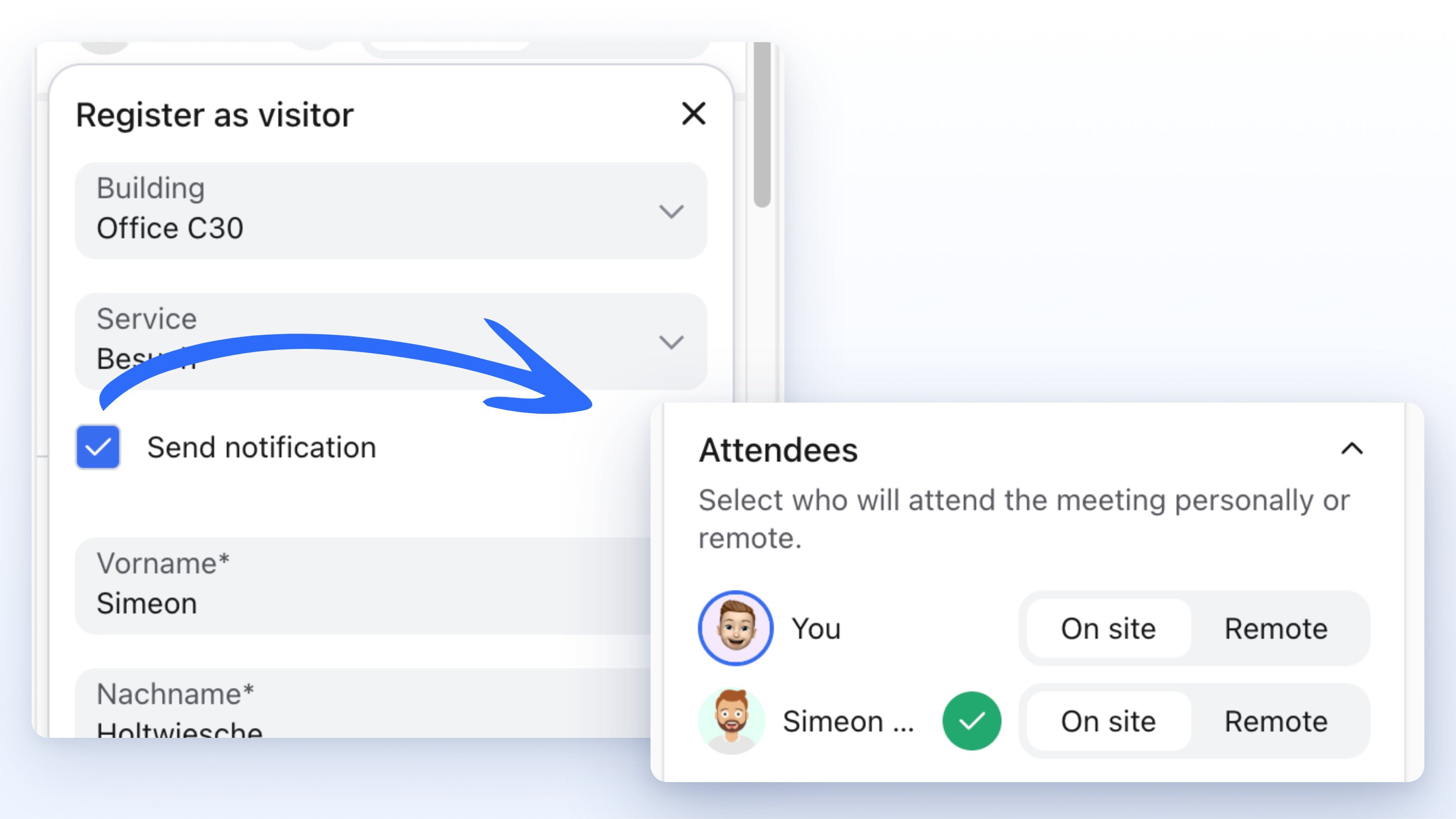 Register as visitor overlay with Building, Service and name fields. After you apply, the attendee row shows a green check for Visitor registration ready.