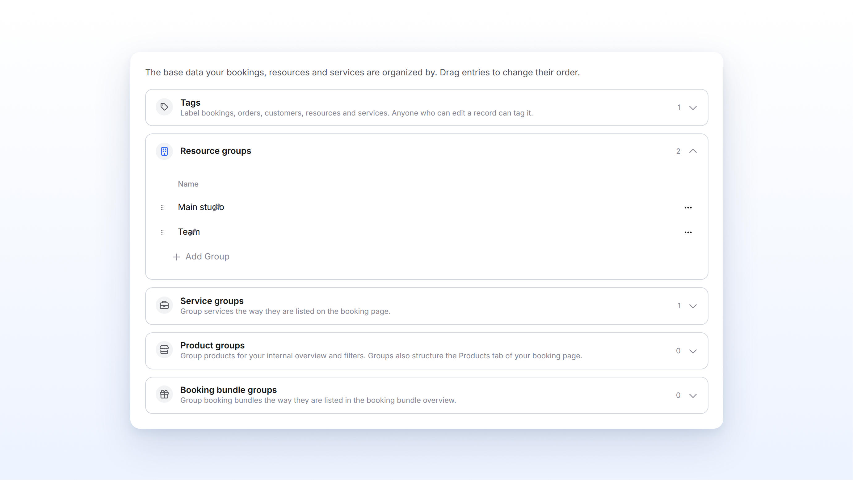 Settings, Groups tab, with Resource groups expanded to Main studio and Team and the Add Group row