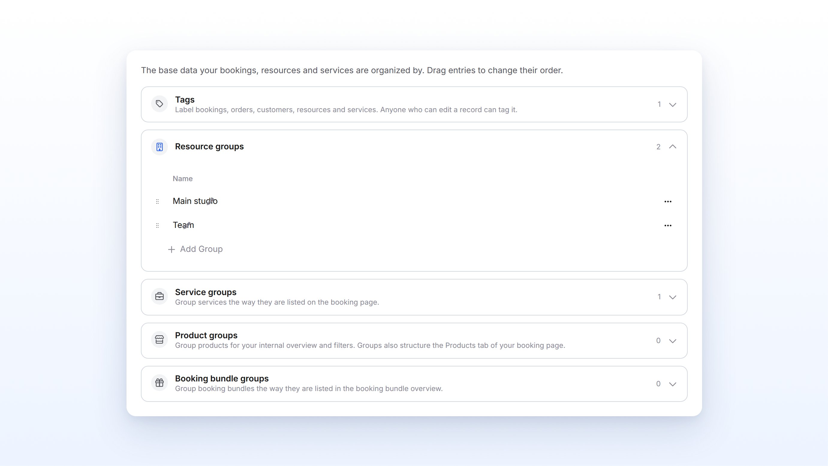 Settings, Groups tab, with Resource groups expanded to Main studio and Team and the Add Group row