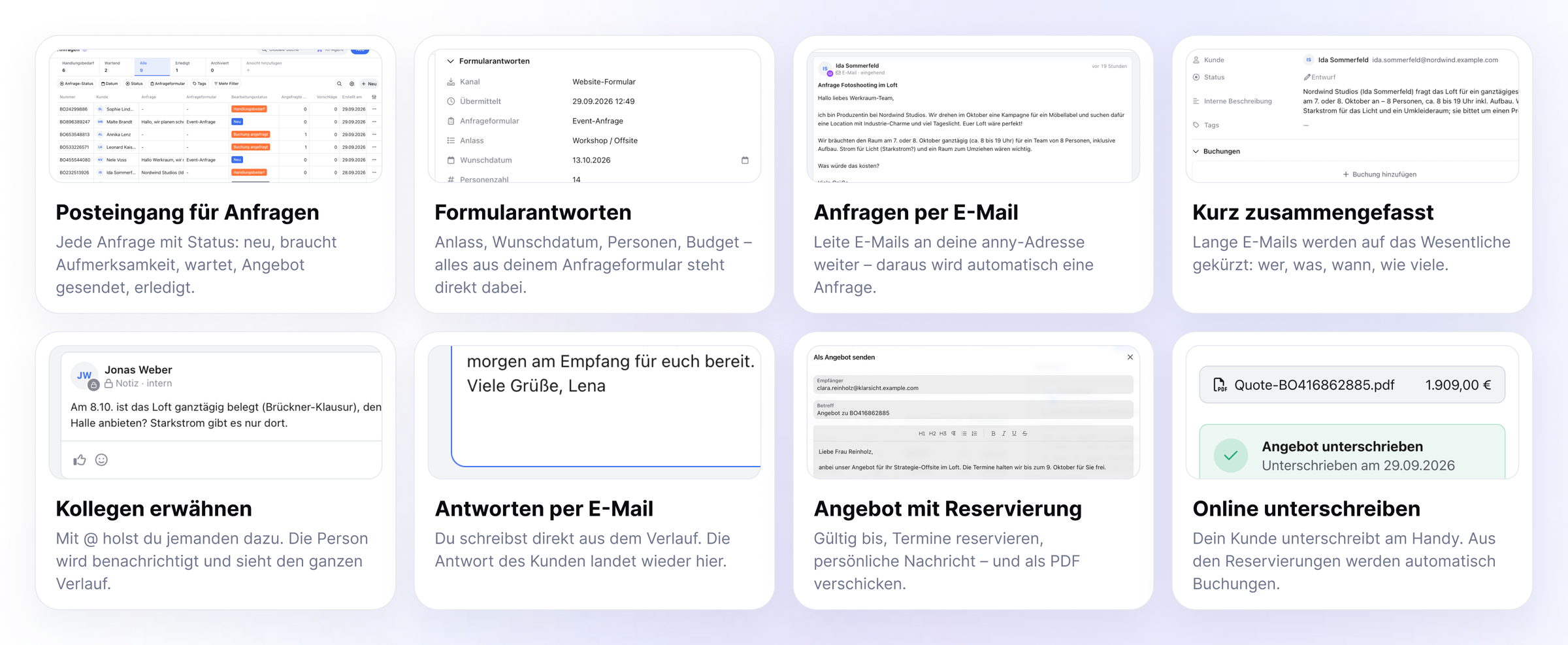 Übersicht von der Anfrage zur Buchung: Posteingang für Anfragen, Formularantworten, Anfragen per E-Mail, KI-Zusammenfassung, Kollegen erwähnen, Antworten per E-Mail, Angebot mit Reservierung und Online-Unterschrift
