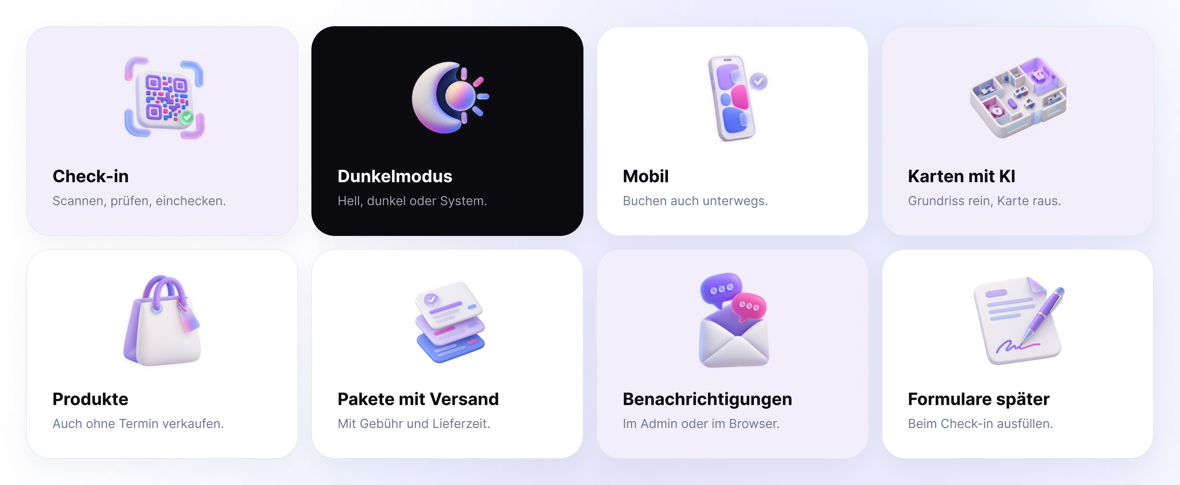Weitere Neuerungen im Überblick: Check-in, Dunkelmodus, Mobil, Karten mit KI, Produkte, Pakete mit Versand, Benachrichtigungen und Formulare später