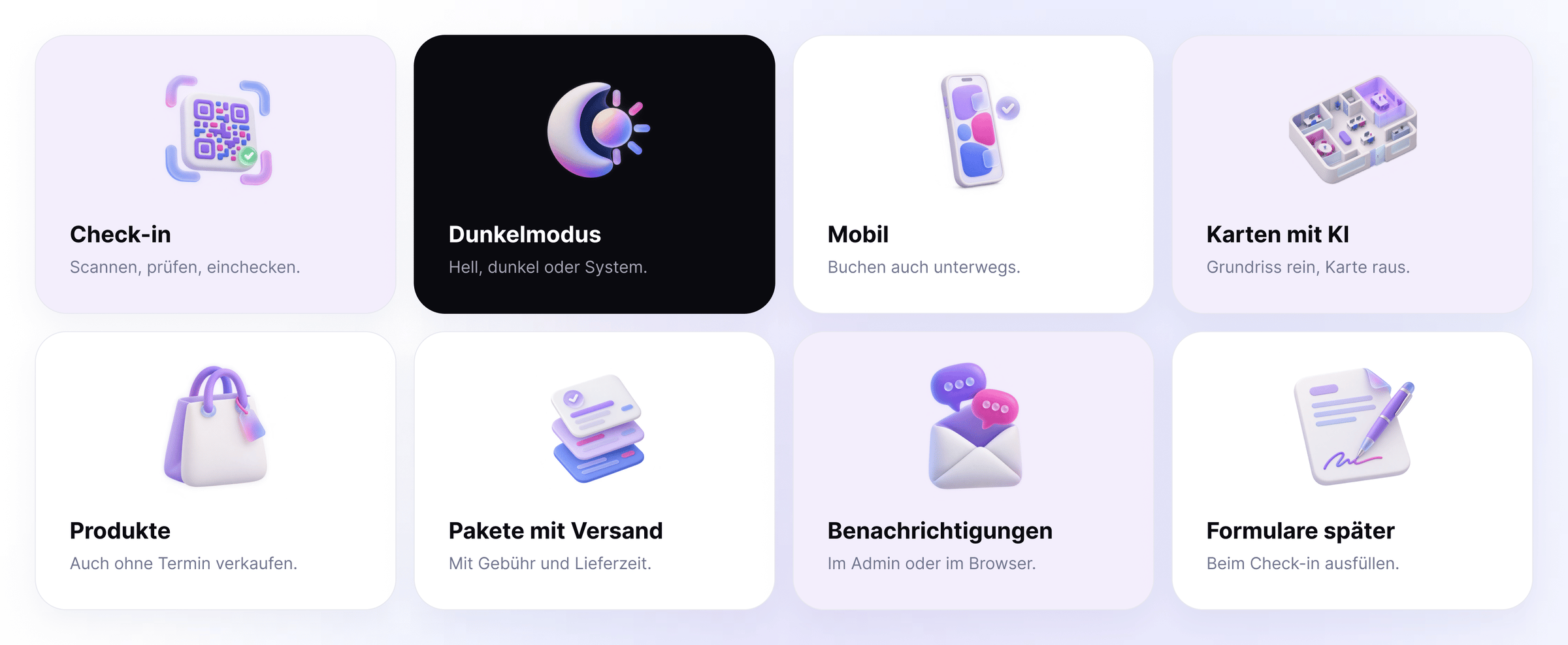 Weitere Neuerungen im Überblick: Check-in, Dunkelmodus, Mobil, Karten mit KI, Produkte, Pakete mit Versand, Benachrichtigungen und Formulare später