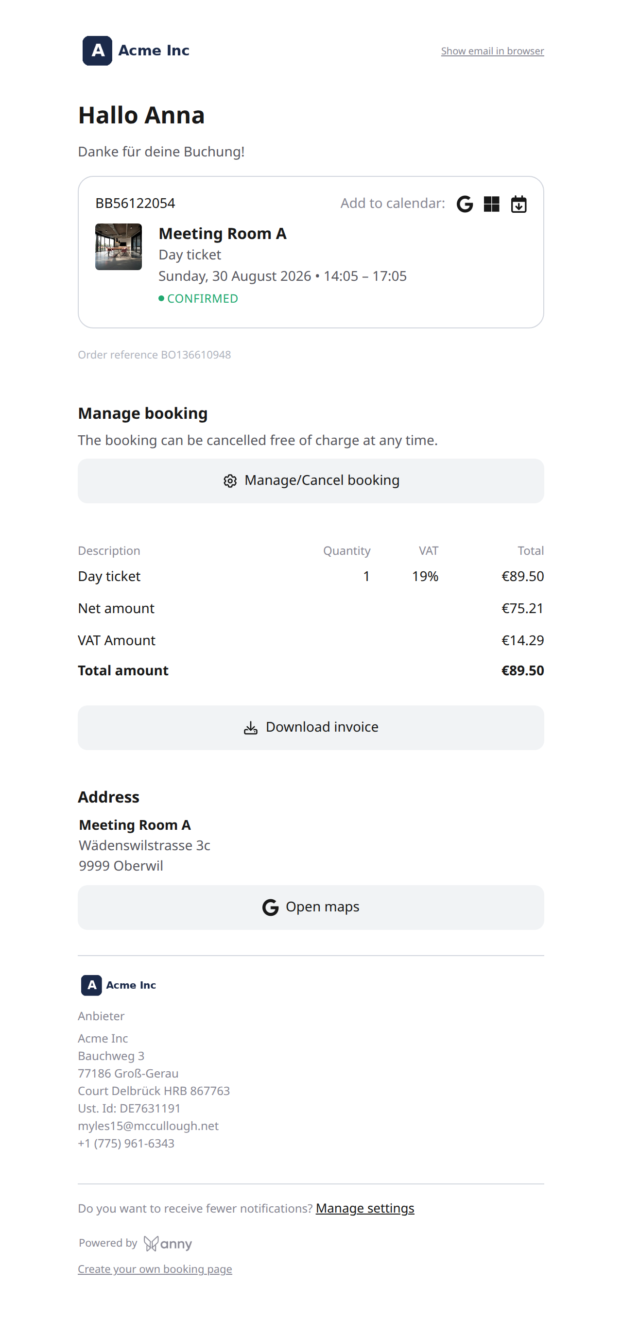 Neue Bestätigung mit Rechnungstabelle und Button Download invoice, Acme Inc als Anbieter