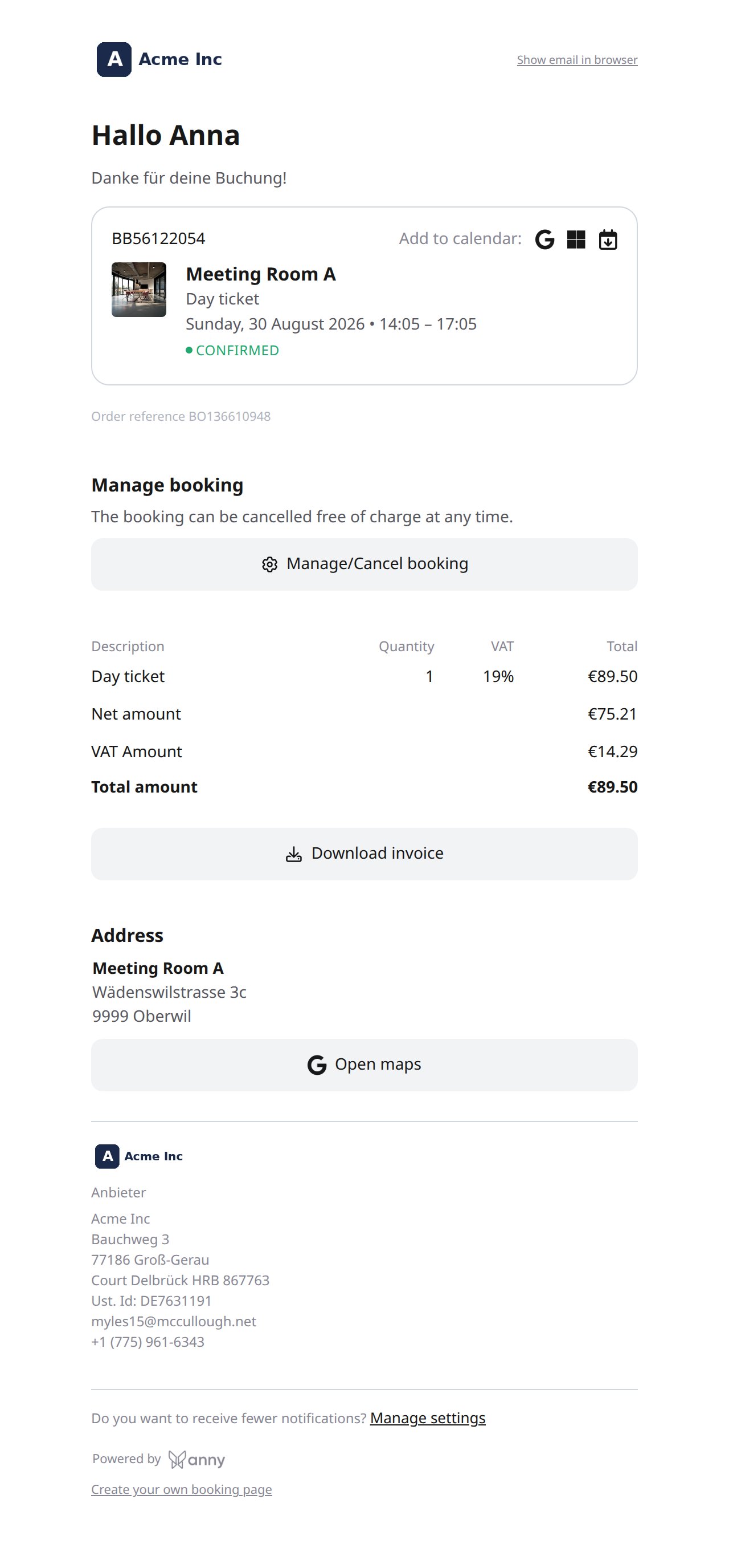 Neue Bestätigung mit Rechnungstabelle und Button Download invoice, Acme Inc als Anbieter