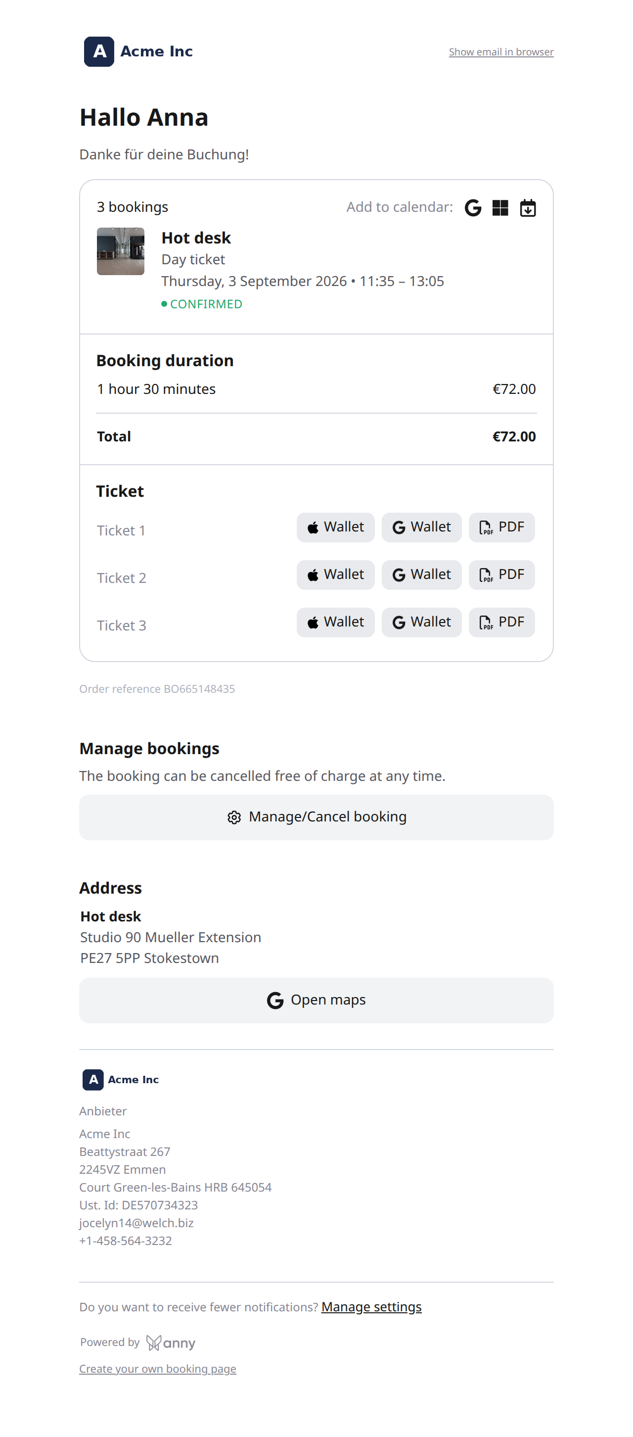 Neues E-Mail-Layout: eine gestapelte Karte mit 3 bookings, kompakten Wallet- und PDF-Buttons, Bestellreferenz BO unter den Karten