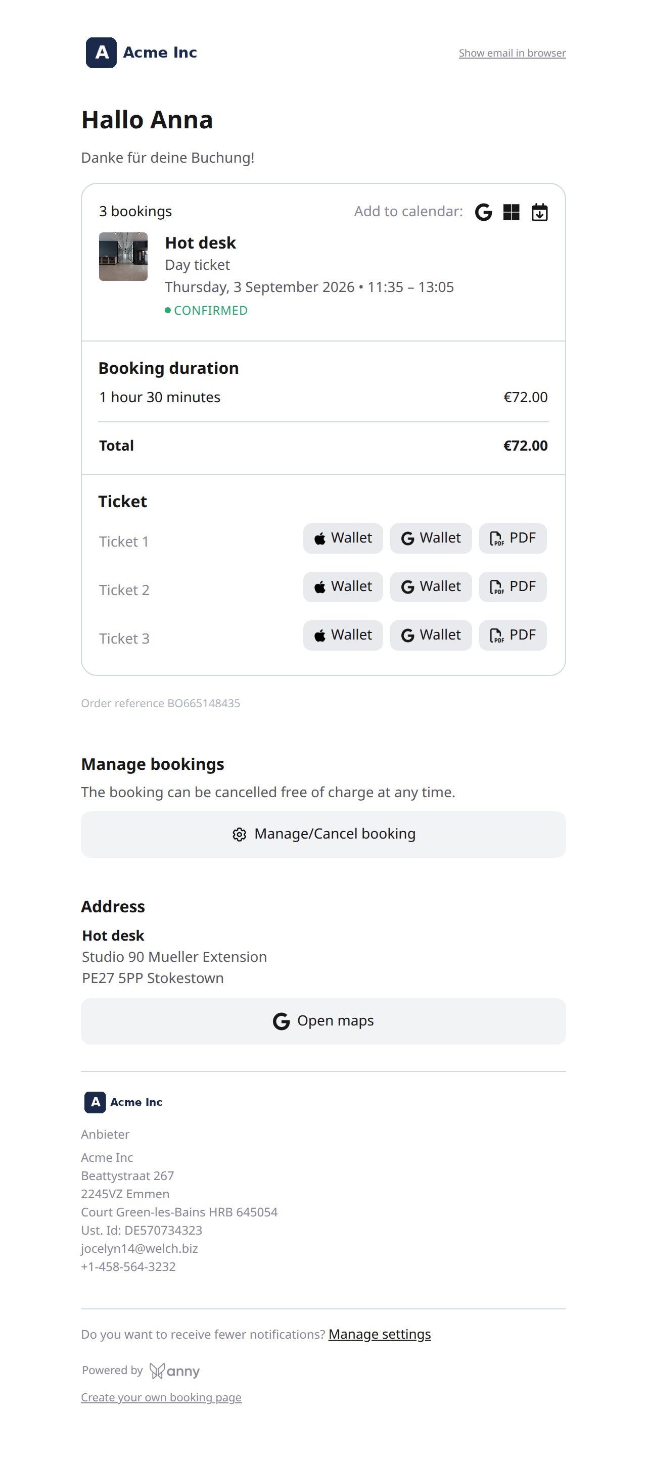 Neues E-Mail-Layout: eine gestapelte Karte mit 3 bookings, kompakten Wallet- und PDF-Buttons, Bestellreferenz BO unter den Karten