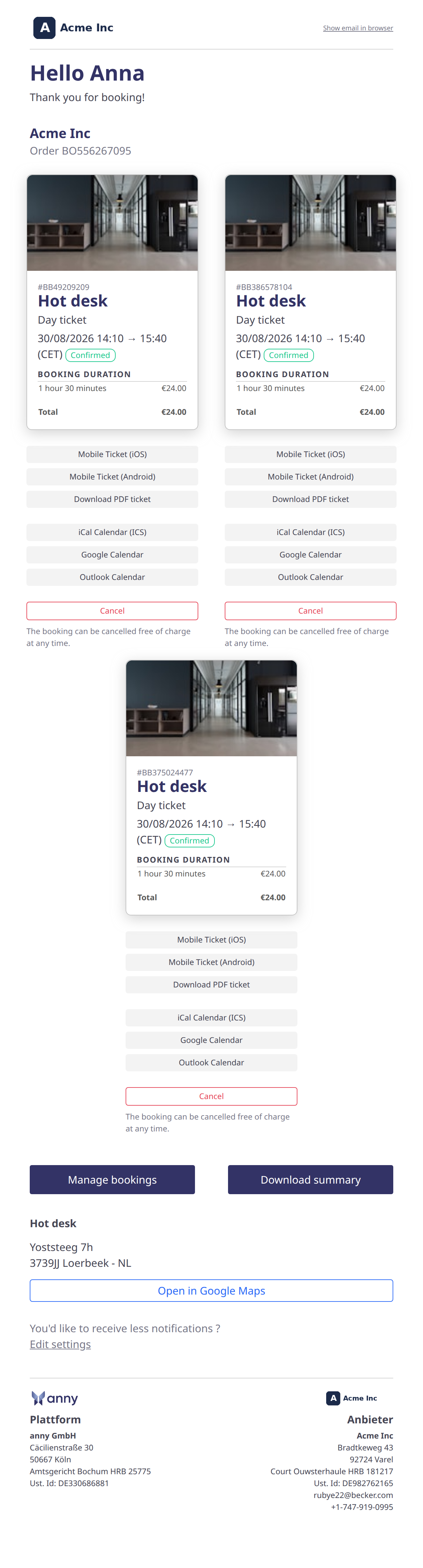 Altes E-Mail-Layout von main: Bestellnummer BO unter der Begrüßung, drei Hot-desk-Karten in zwei Spalten, Footer Platform mit anny-Logo und Provider