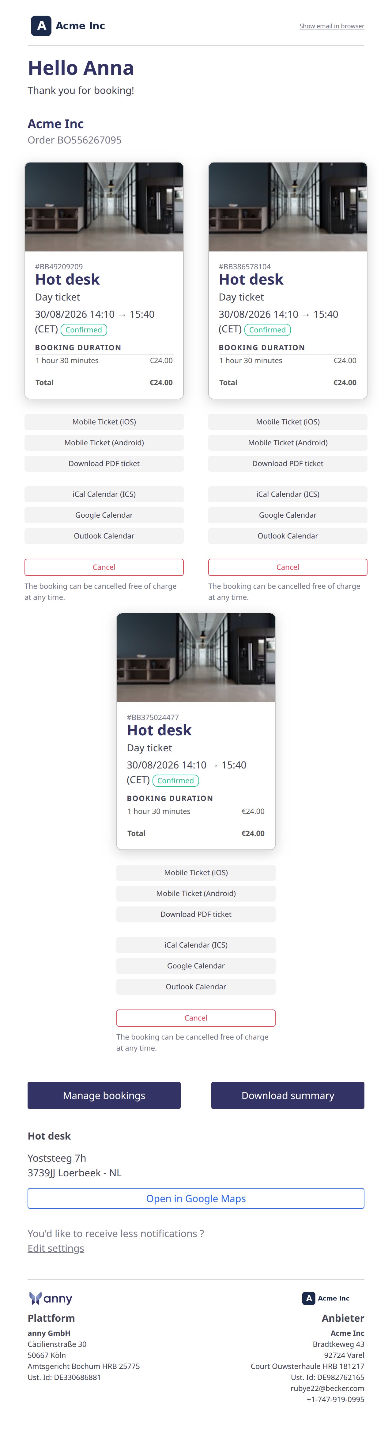 Altes E-Mail-Layout von main: Bestellnummer BO unter der Begrüßung, drei Hot-desk-Karten in zwei Spalten, Footer Platform mit anny-Logo und Provider