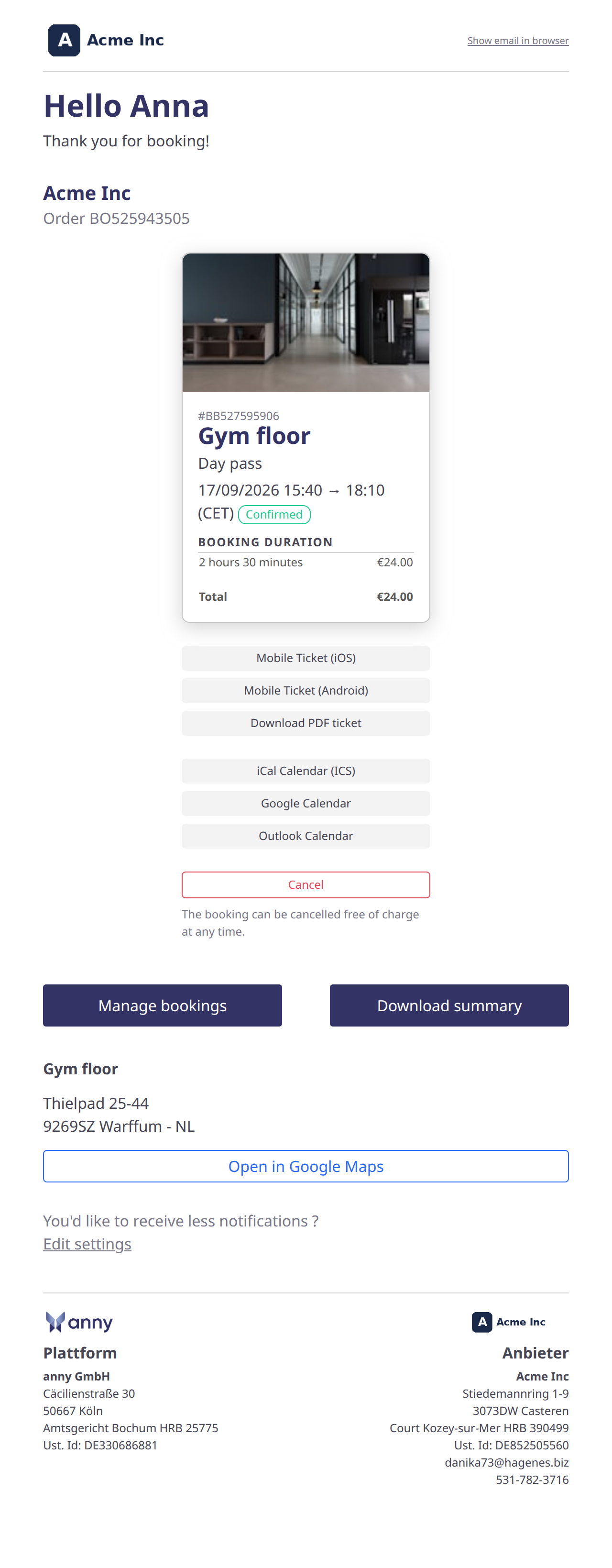 Altes Ticket-Layout: volle Buttons Mobile Ticket und PDF Ticket herunterladen unter der Karte