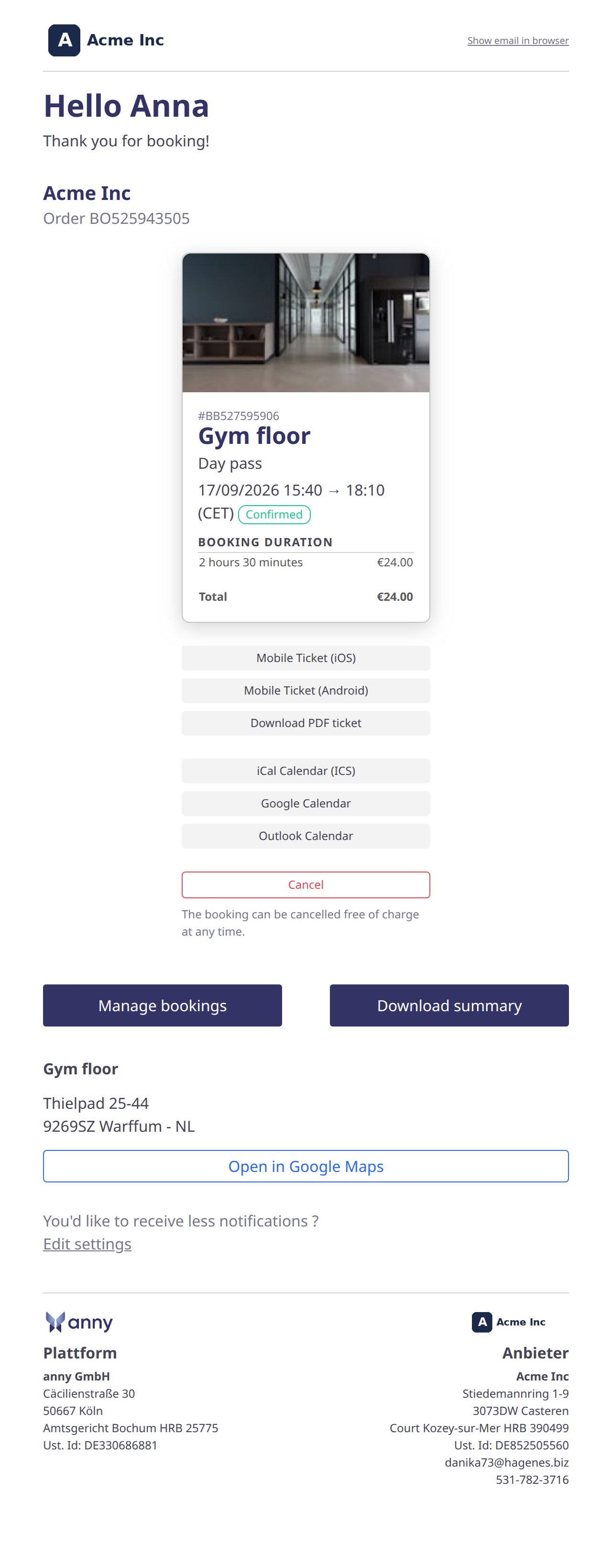 Altes Ticket-Layout: volle Buttons Mobile Ticket und PDF Ticket herunterladen unter der Karte
