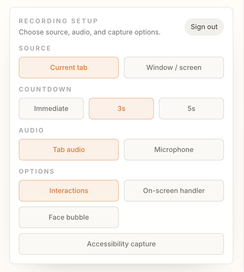 Puggy recording setup popup showing source, countdown, audio, and capture options