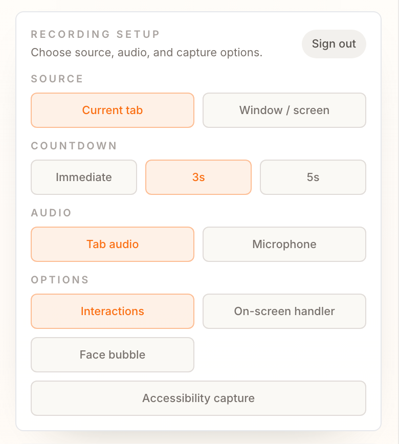 Puggy recording setup popup showing source, countdown, audio, and capture options