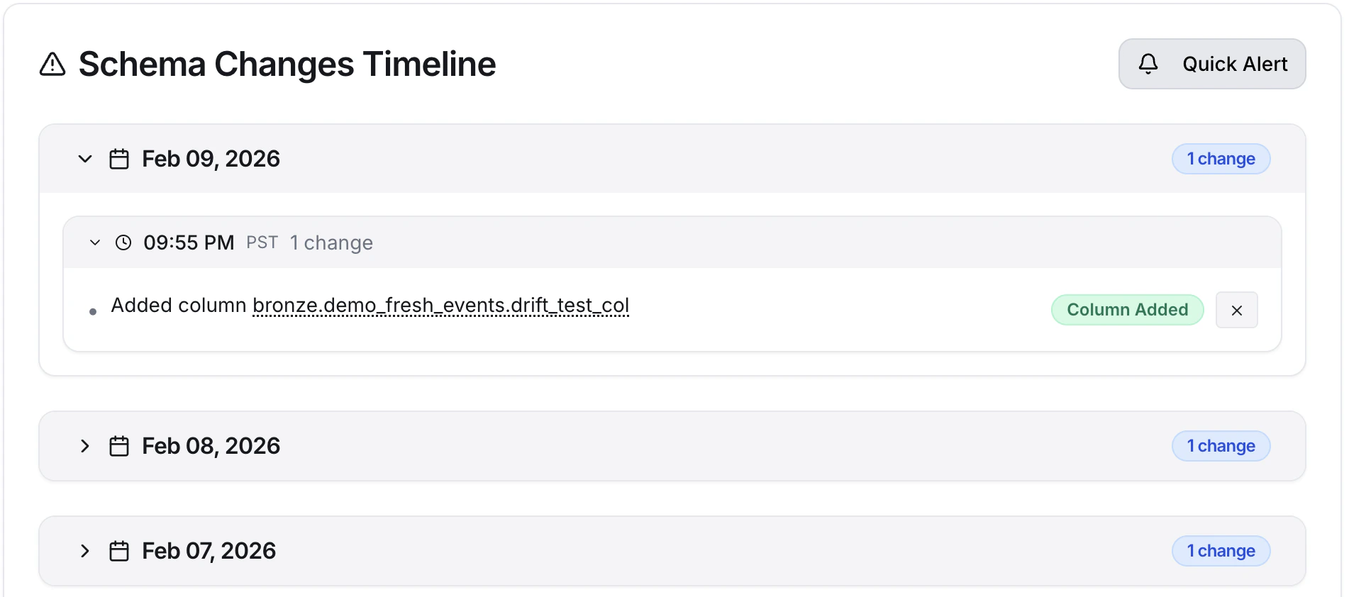 Schema change timeline displaying multiple changes with timestamps and details