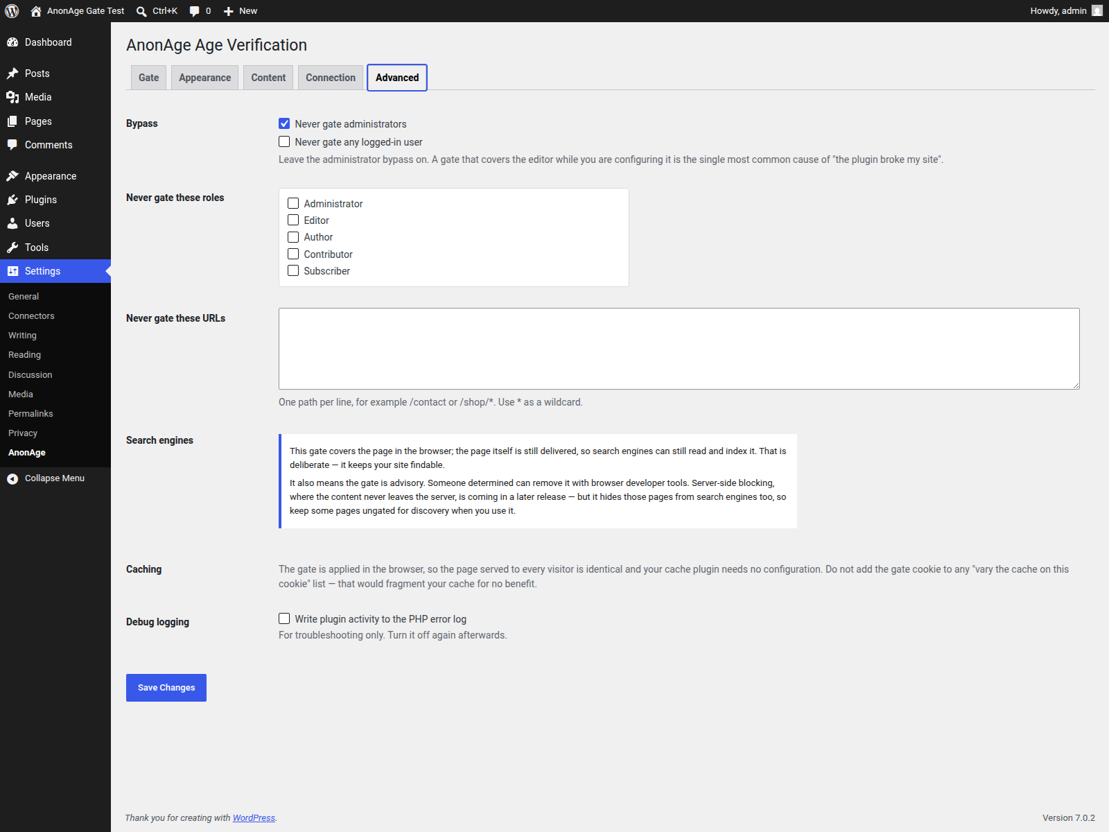 The AnonAge Advanced settings tab