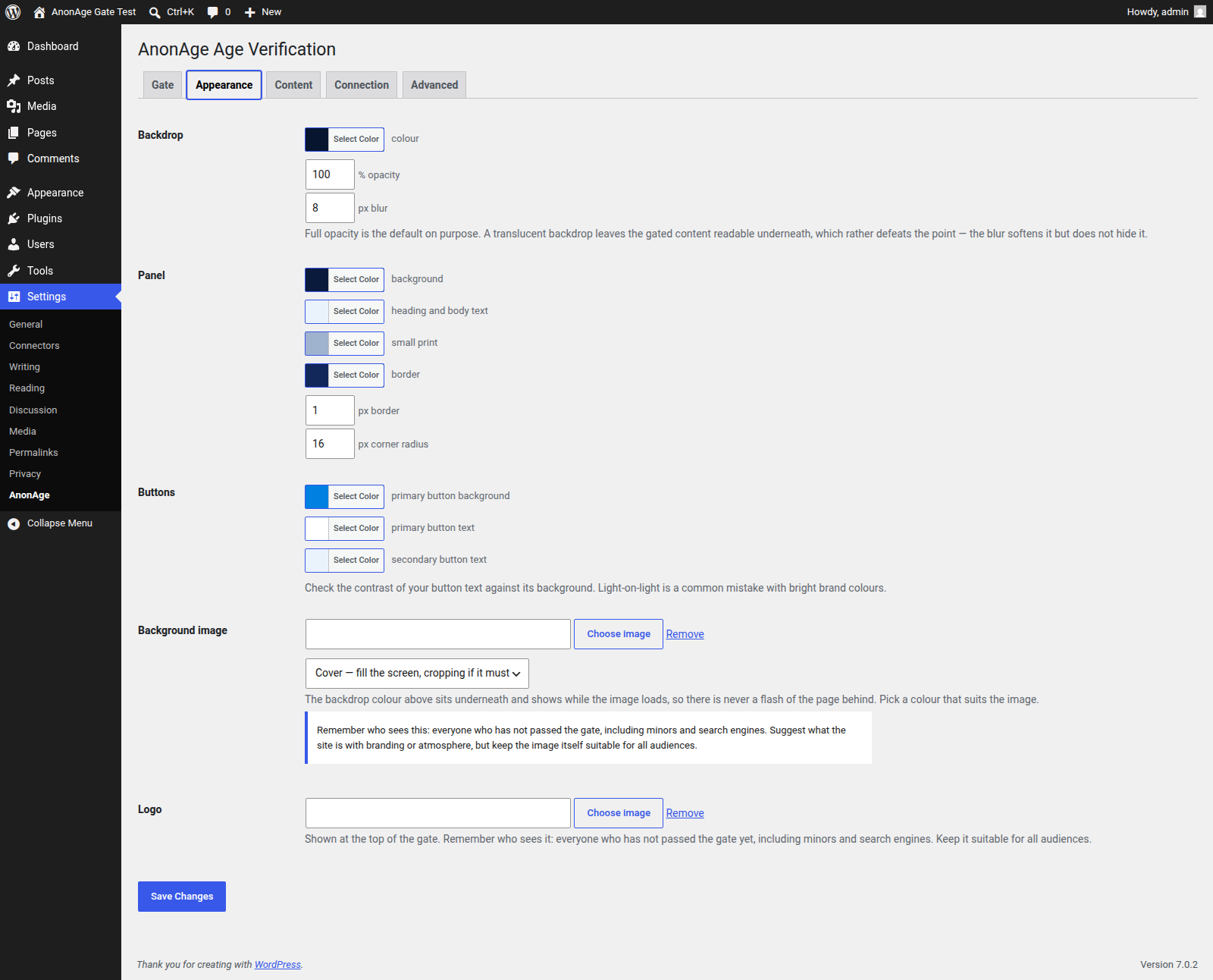 The AnonAge Appearance settings tab