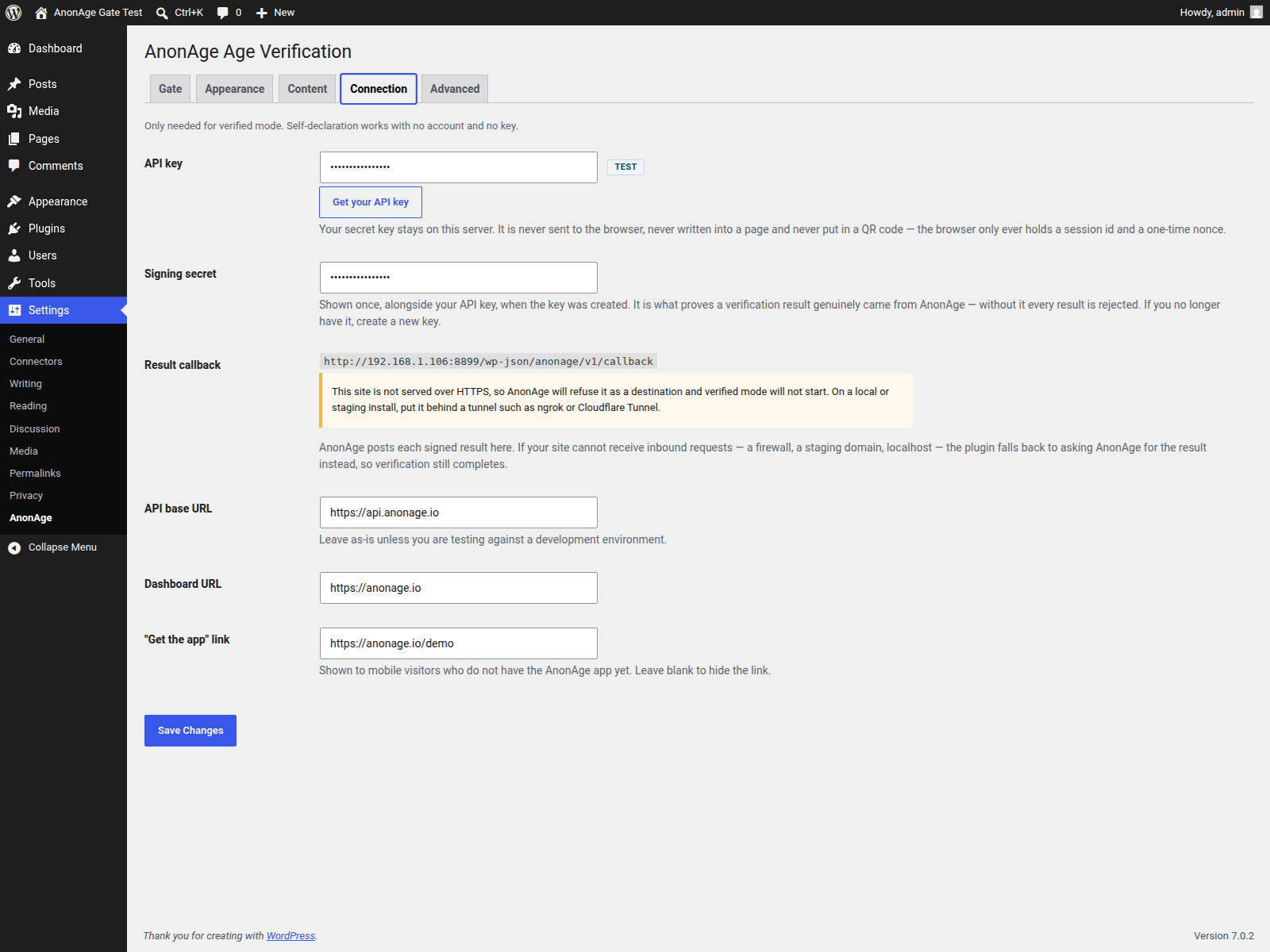 The AnonAge Connection settings tab