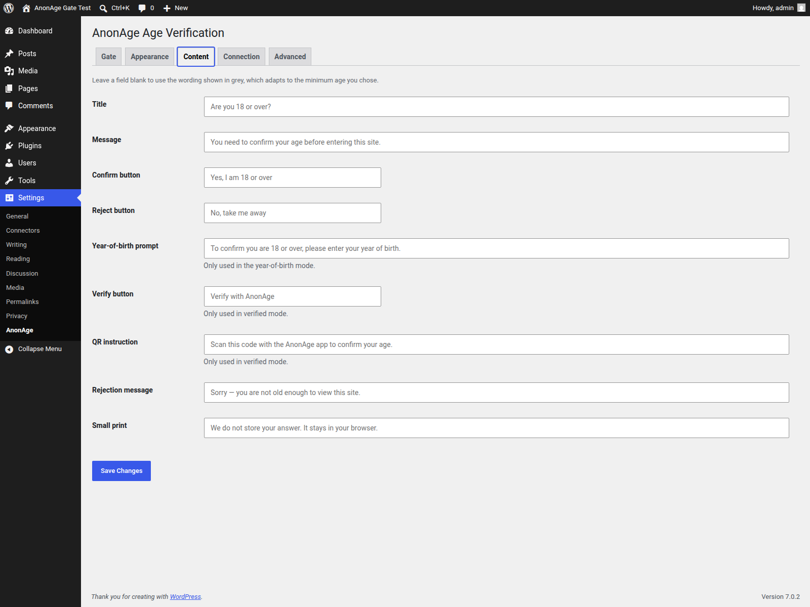 The AnonAge Content settings tab