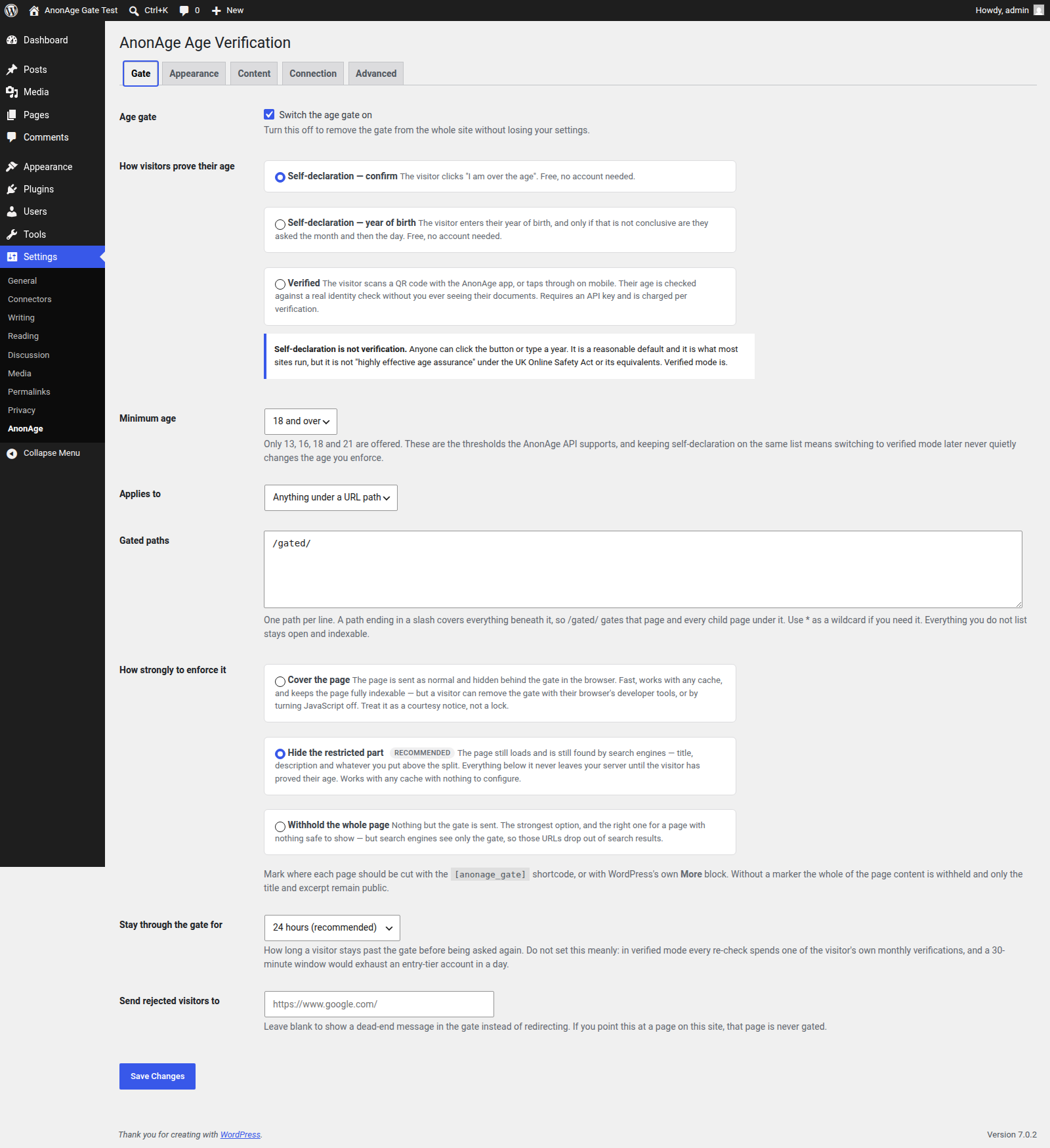 The AnonAge Gate settings tab in WordPress