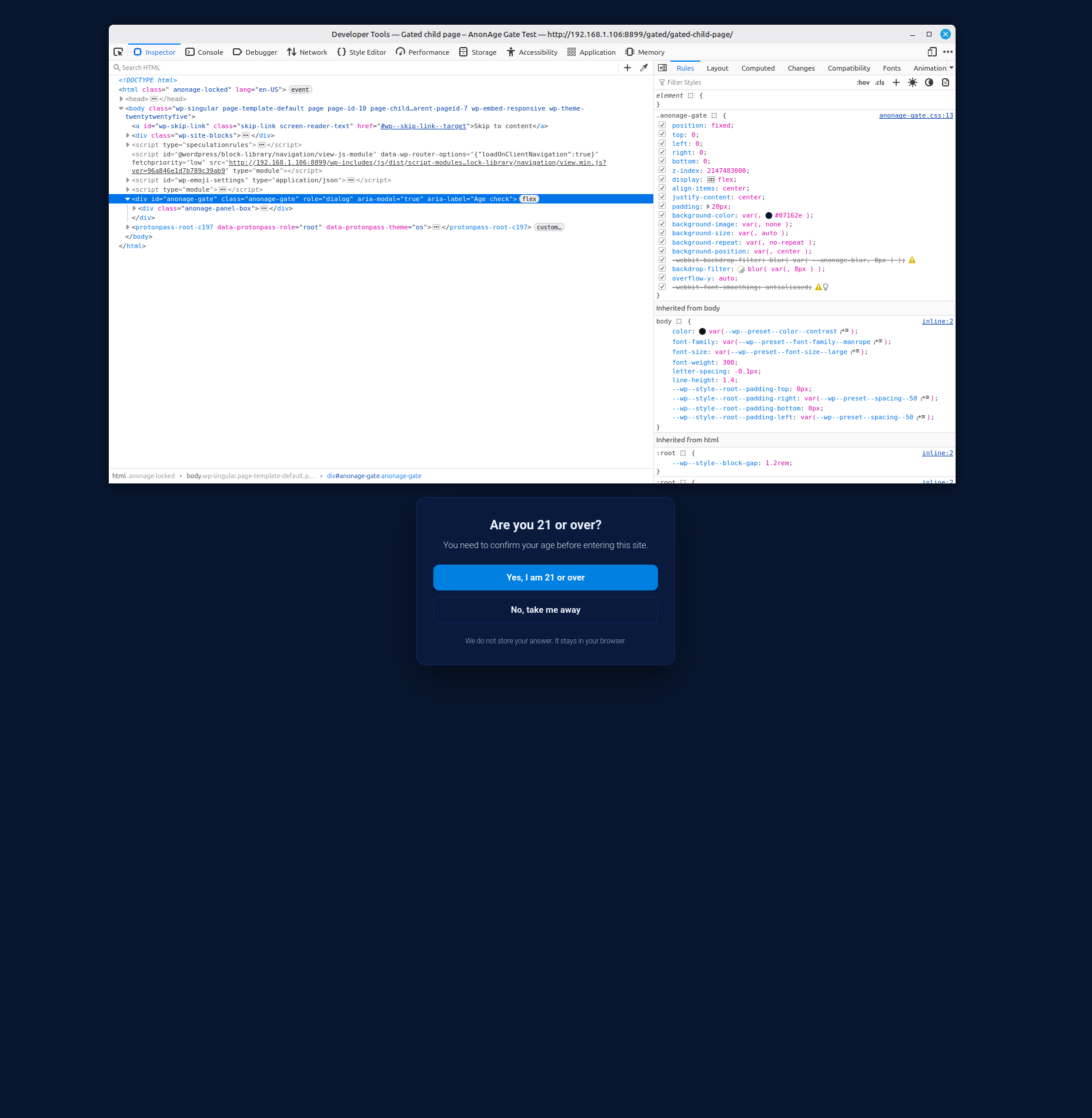 Browser developer tools showing that the gated page contains no restricted content