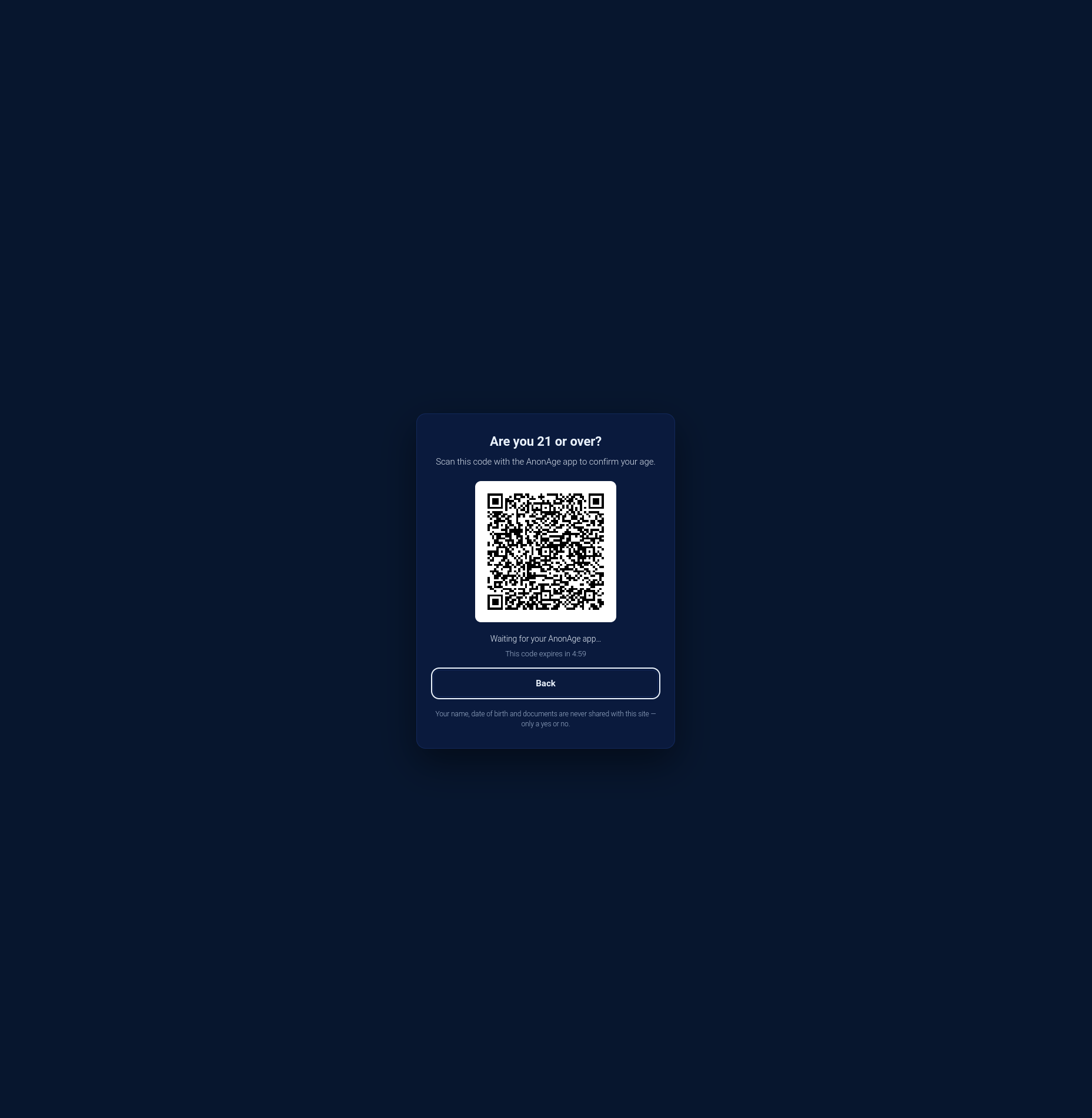 The age gate showing a QR code to scan with the AnonAge app