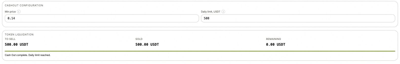 Cashout minimum price, daily limit and completed allowance in the ANSIO demo.