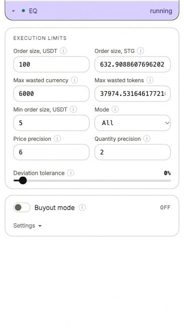 Equaller execution limits, currency and token allowances, mode and deviation tolerance.
