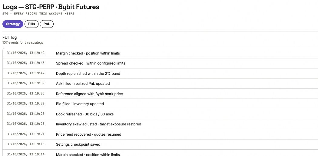 ANSIO Strategy log with timestamps and tabs for Fills and PnL.