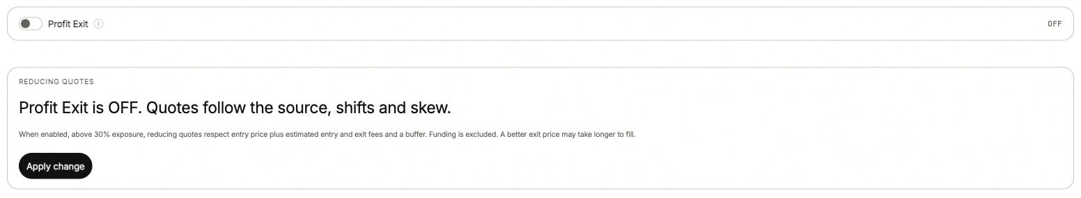 Profit Exit in its Off state with an explanation of reducing quotes.
