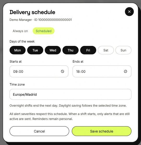 Telegram delivery schedule with weekdays, start and end times and Europe Madrid timezone.