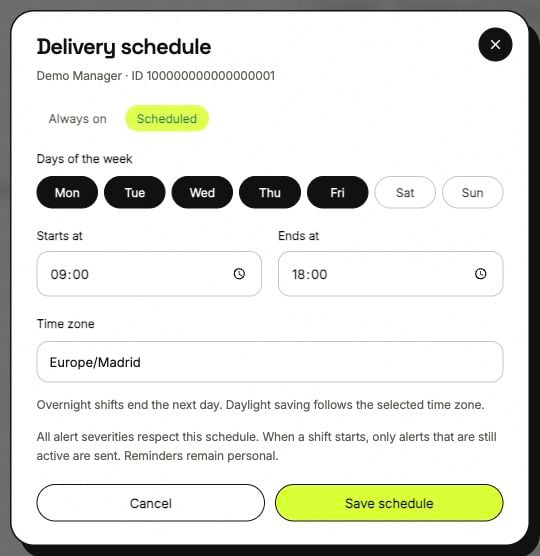 Telegram delivery schedule with weekdays, start and end times and Europe Madrid timezone.