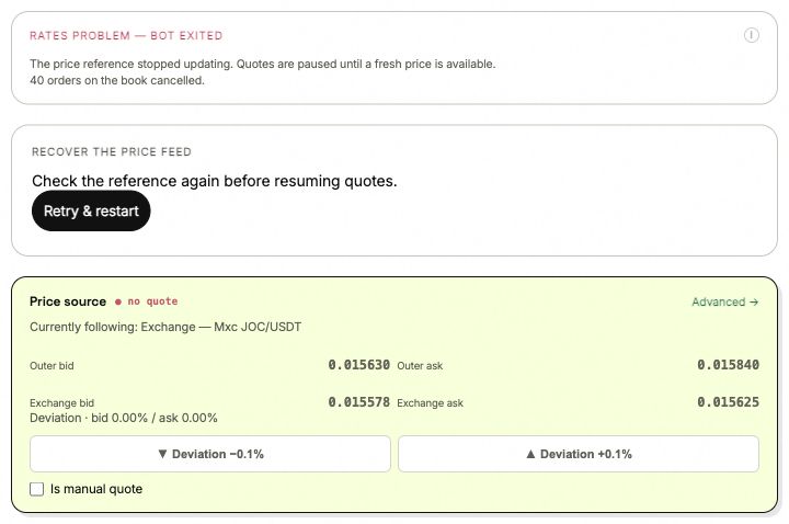 A failed reference with a No quote status and its selected exchange in the ANSIO demo.